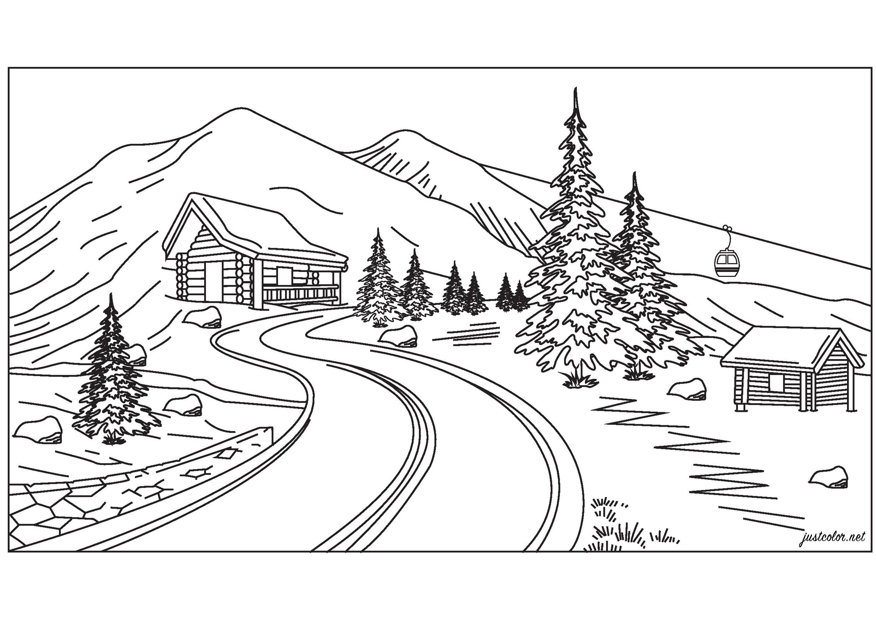 Paysage de haute montagne avec un joli chalet, des sapins, des remontées mécaniques et de belles montagnes enneigées, Artiste : Pierre C