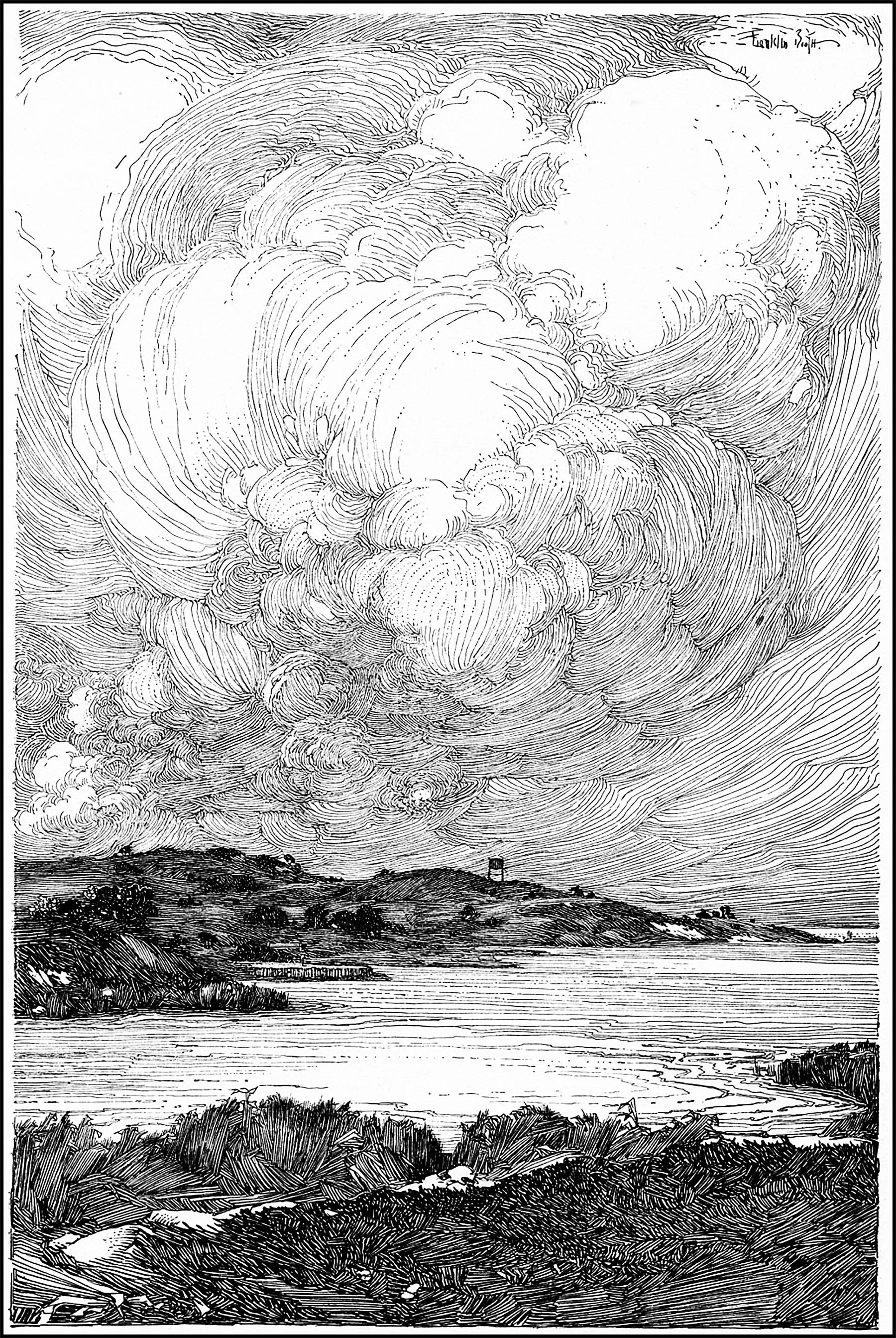 Illustration très détaillée à l'encre d'un paysage marin, par Detailed pen-and-ink illustration of an incredible seascape, by Franklin Booth, (1874 - 1948)