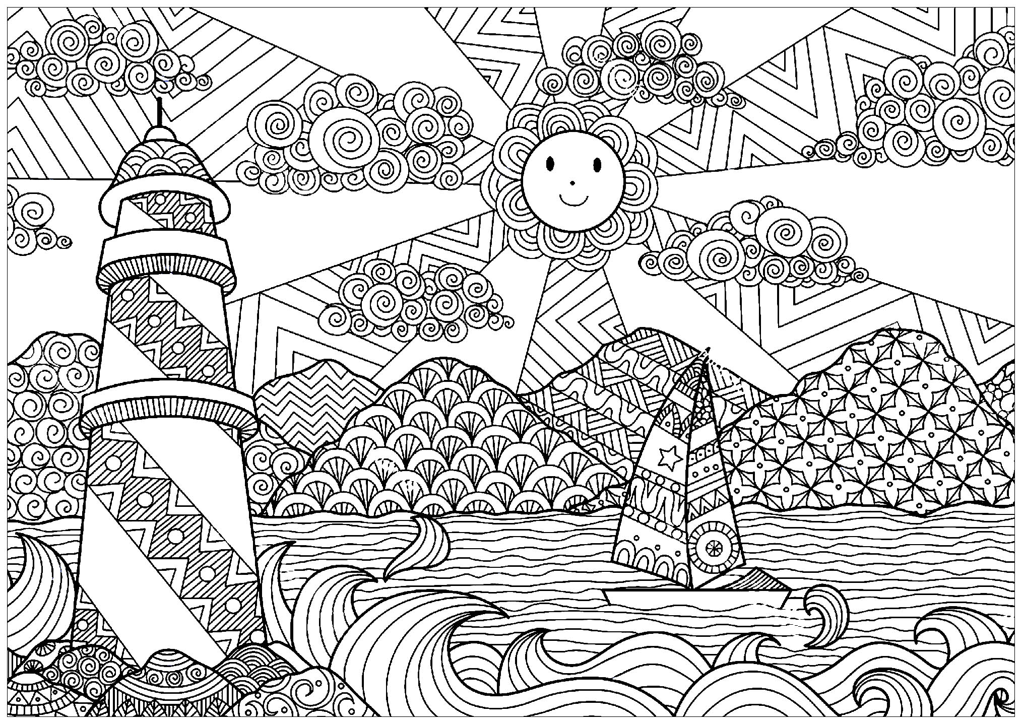 image=paysages coloriage paysage marin avec phare et soleil 1