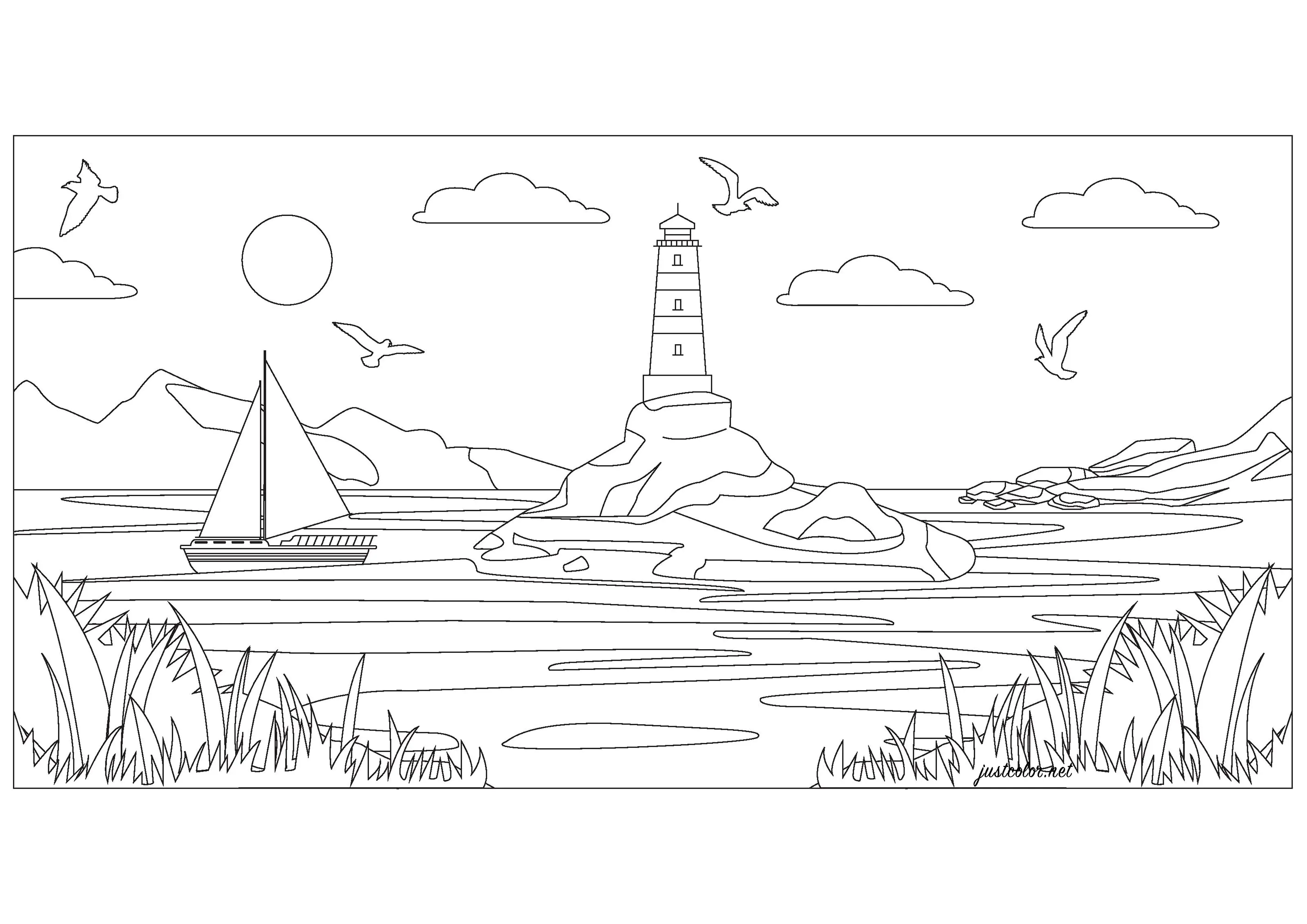Paysage marin (Coloriage à imprimer pour adultes)
