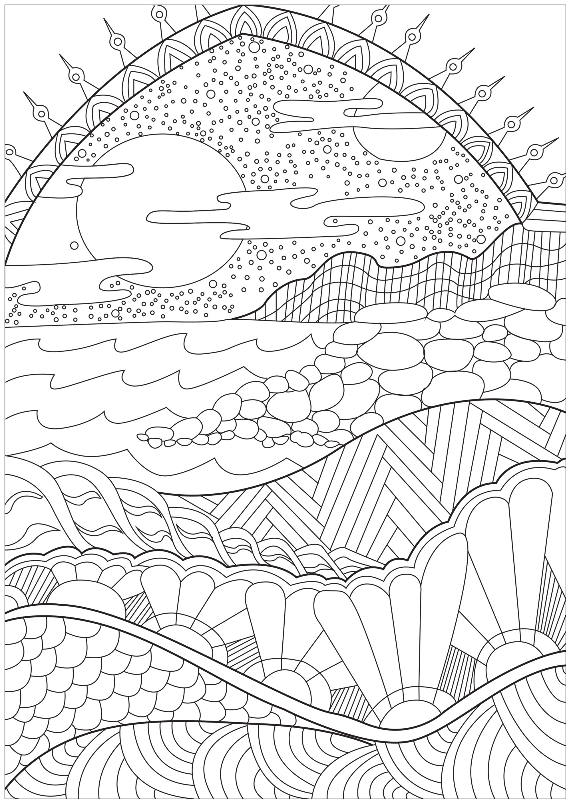 Coloriez les différents éléments de ce paysage paradisiaque : ciel, soleil, arc en ciel, mer, collines .., Artiste : Axelle