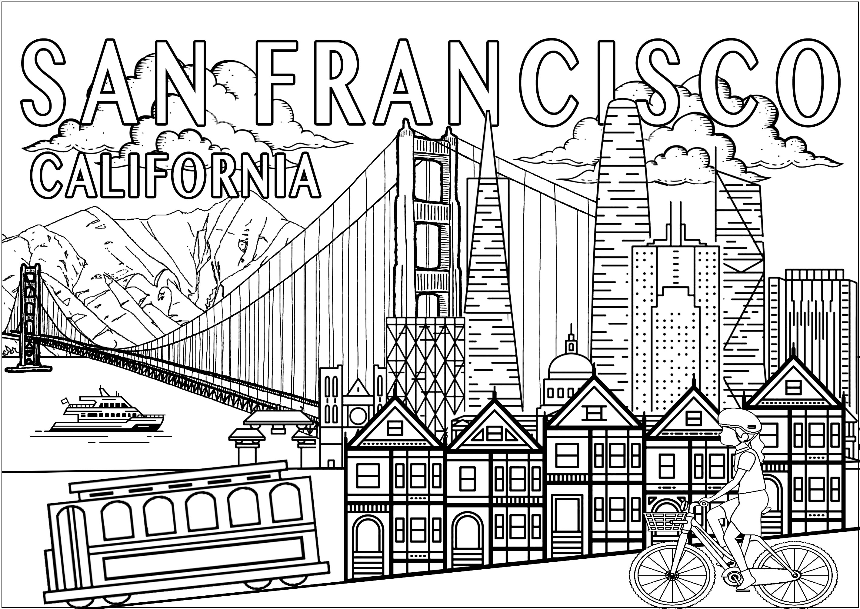 Coloriez les principaux monuments et symboles de San Francisco !. Le Golden Gate, Les Painted ladies, le Tramway, la Skyline avec notamment la Coit Tower ... San Francisco, la « Cité de la Baie », est l'une des villes des États-Unis les plus emblématiques. À visiter absolument lors d'un voyage en Californie !, Artiste : Olivier