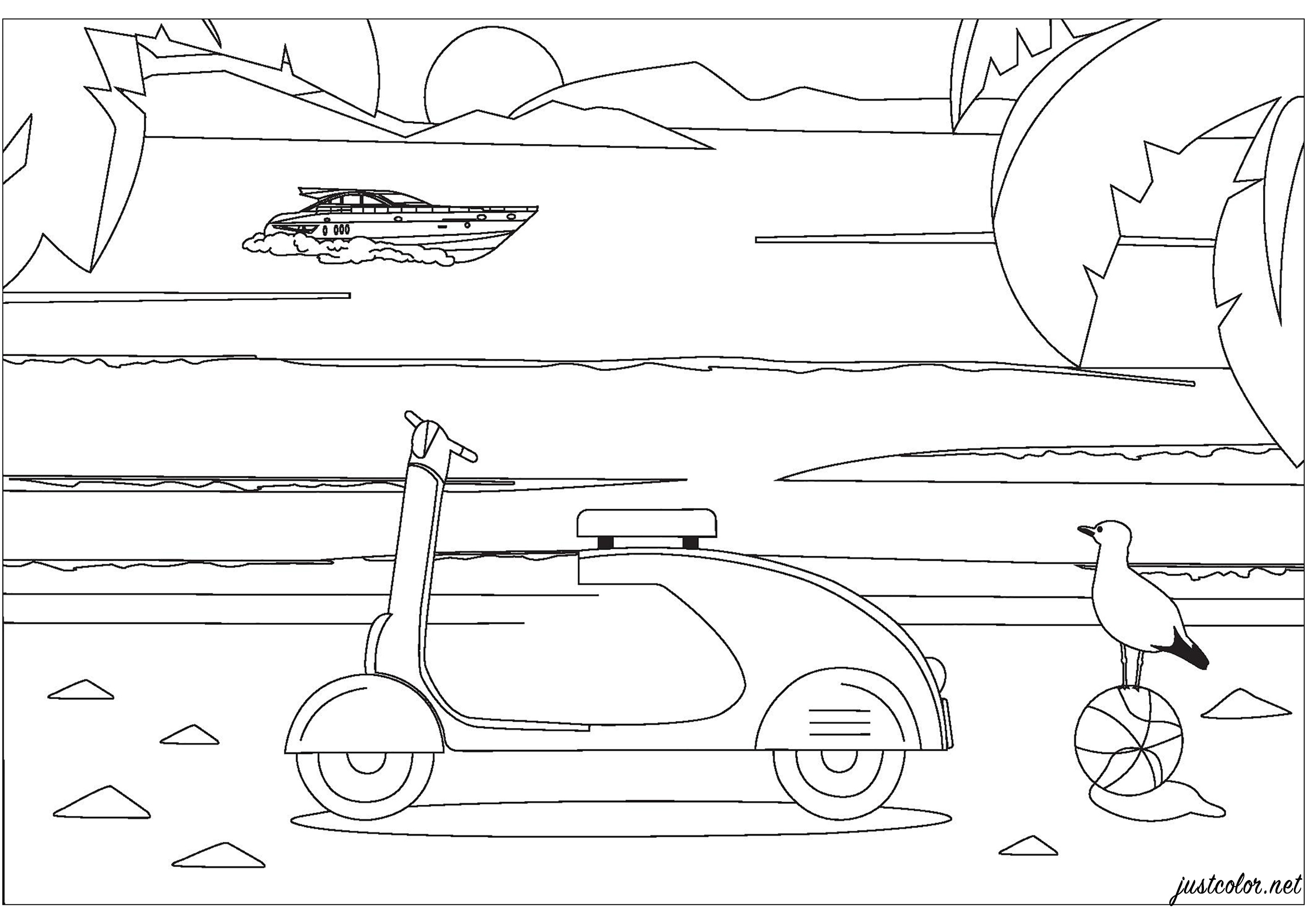 La Vespa des vacances (Coloriage de Paysages à imprimer pour adultes)