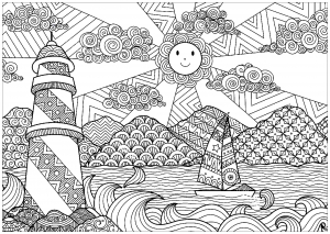 Coloriage paysage marin avec phare et soleil