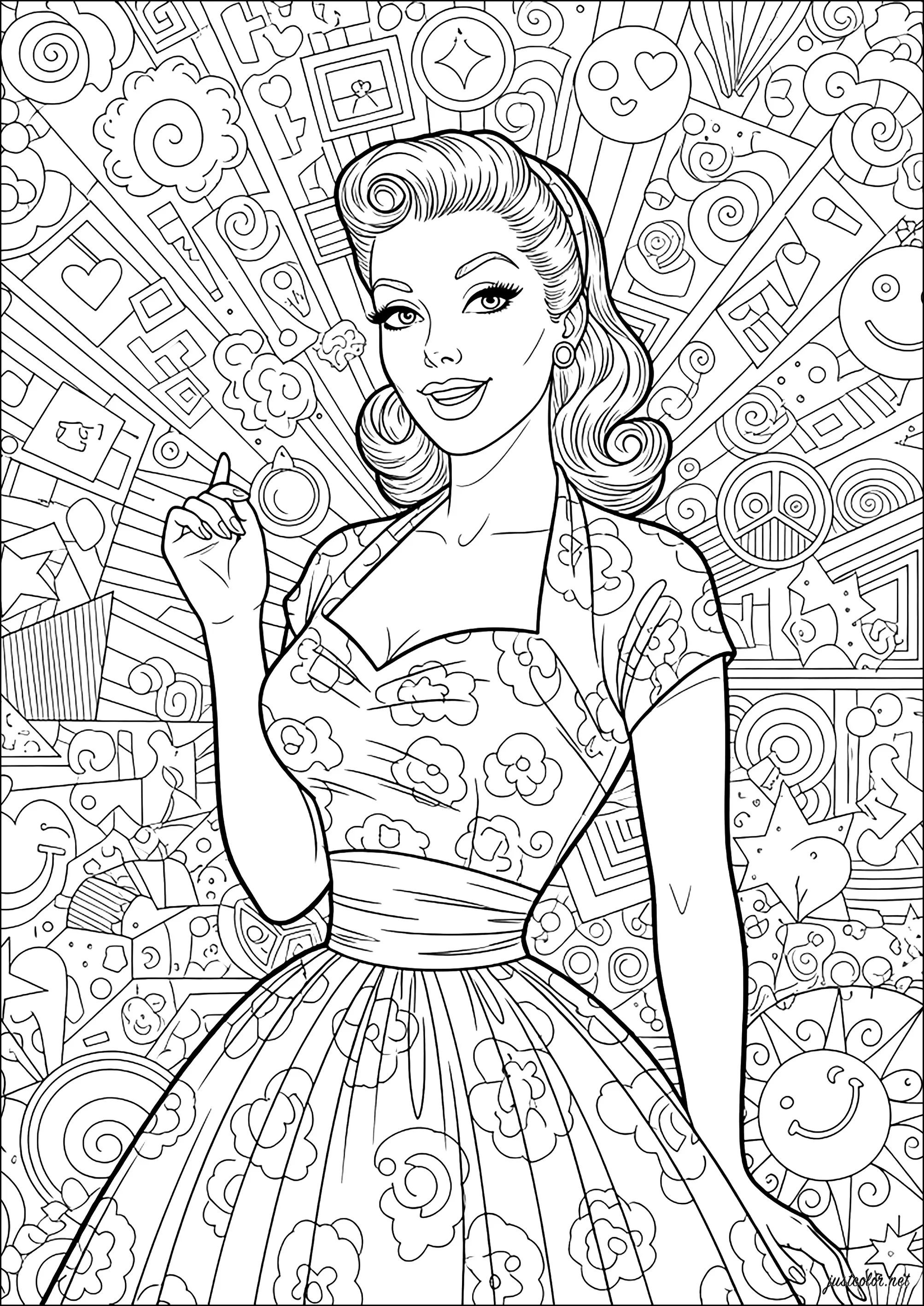 Élégance rétro et motifs étranges (Coloriage de Pin up années 50 à imprimer pour adultes)