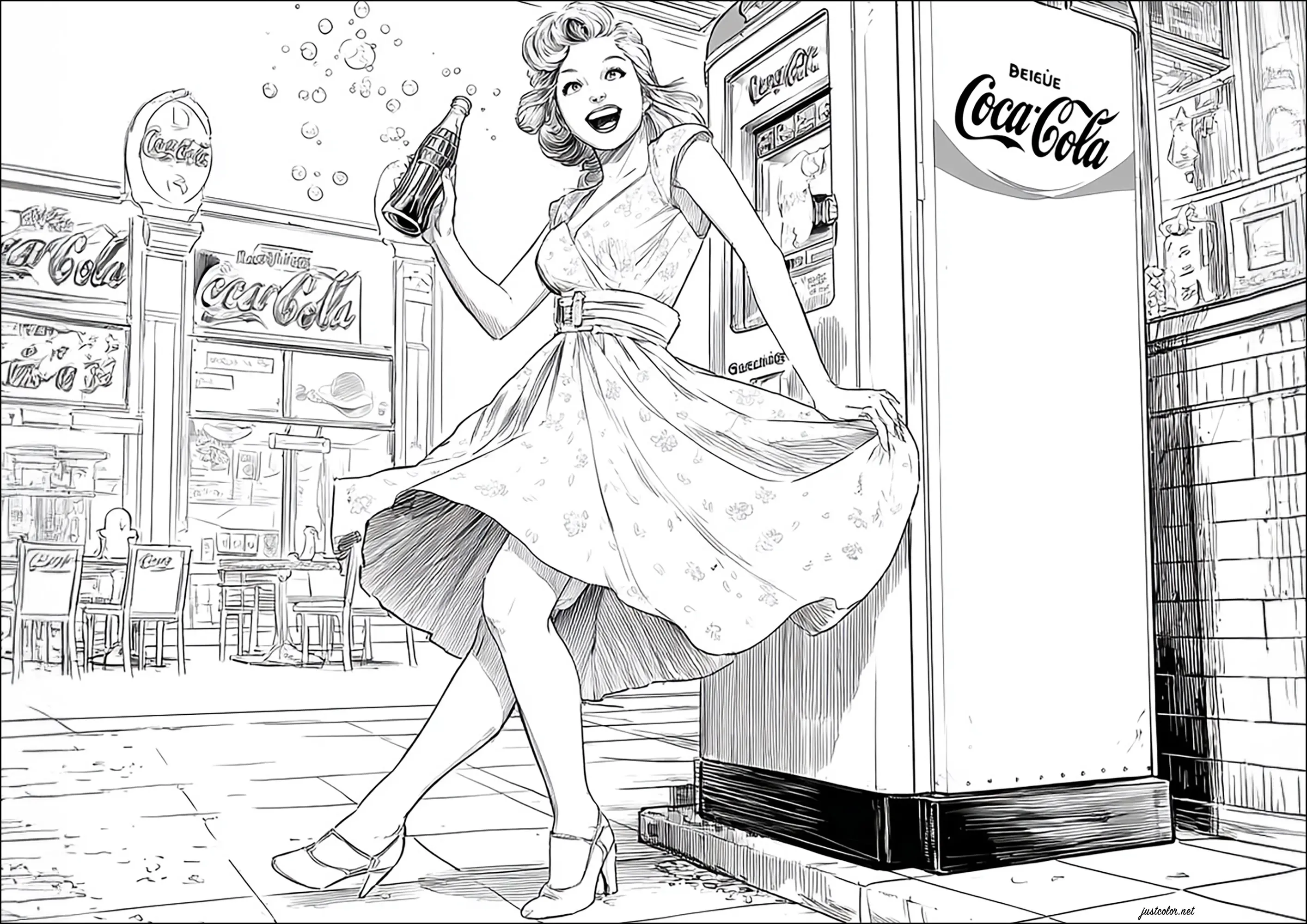 La fille au Coca-Cola (Coloriage de Pin up années 50 à imprimer pour adultes)