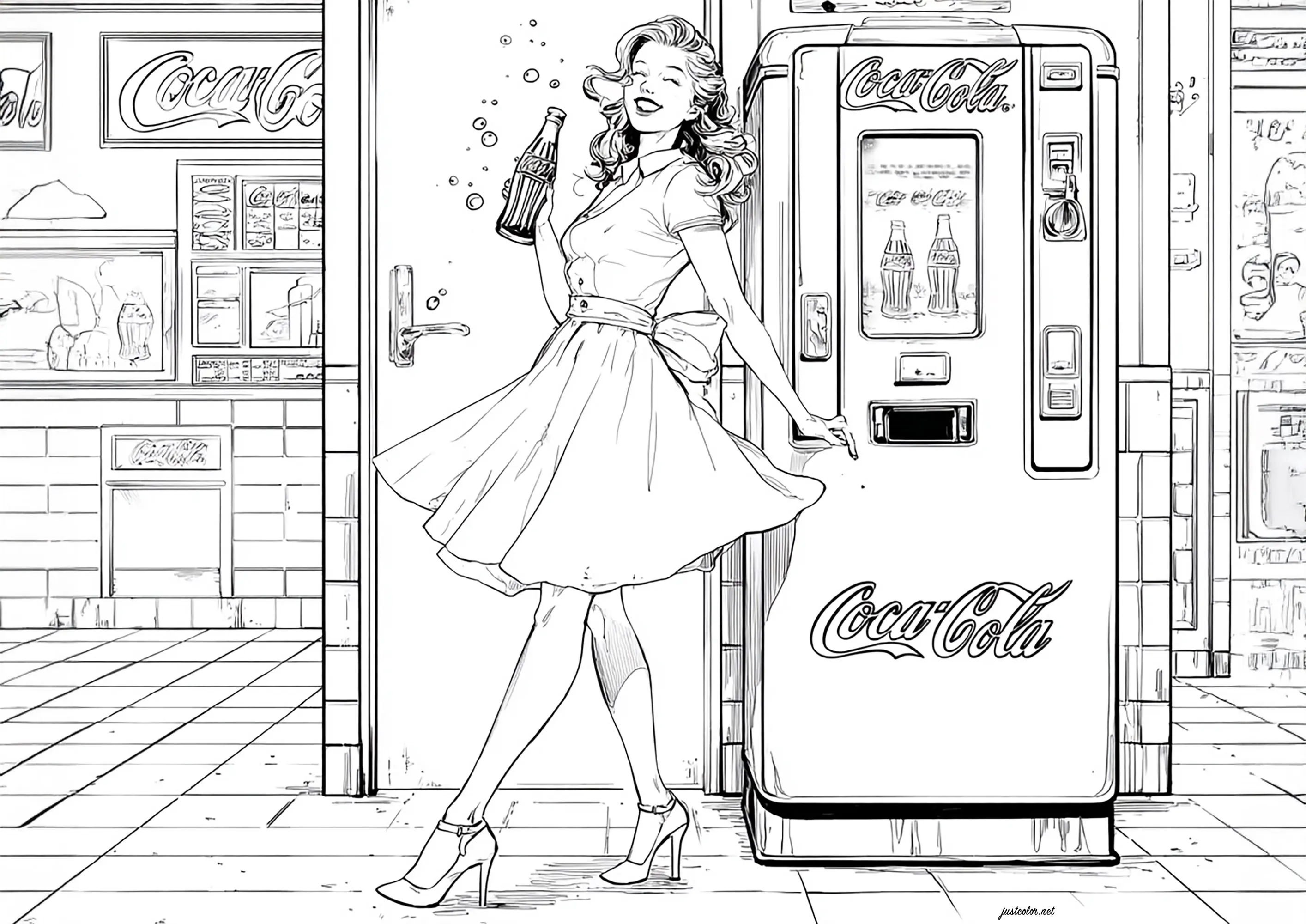 Distributeur de boissons (Coloriage de Pin up années 50 à imprimer pour adultes)