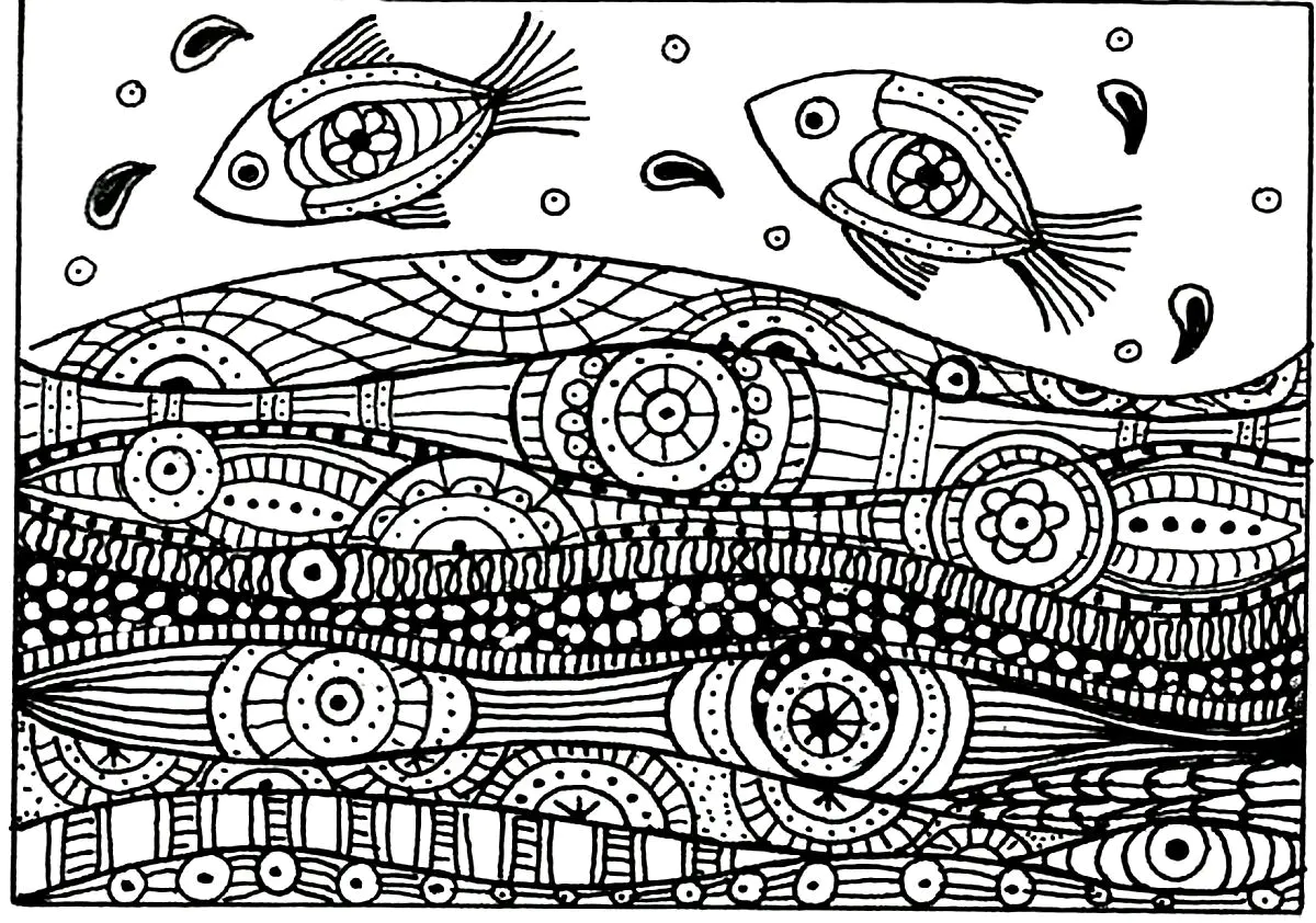Deux poissons vagues motifs (Coloriage à imprimer pour adultes)