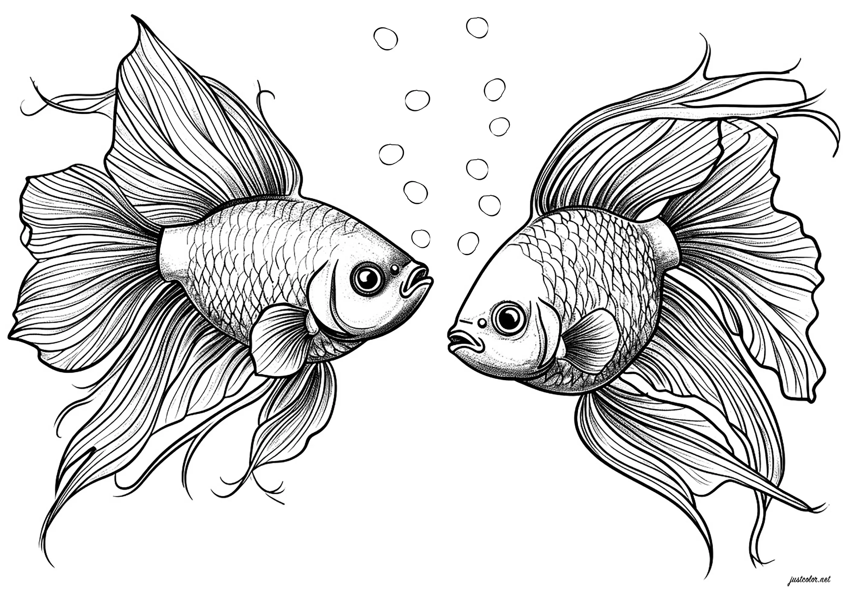 Deux poissons sublimes, face à face (Coloriage à imprimer pour adultes)