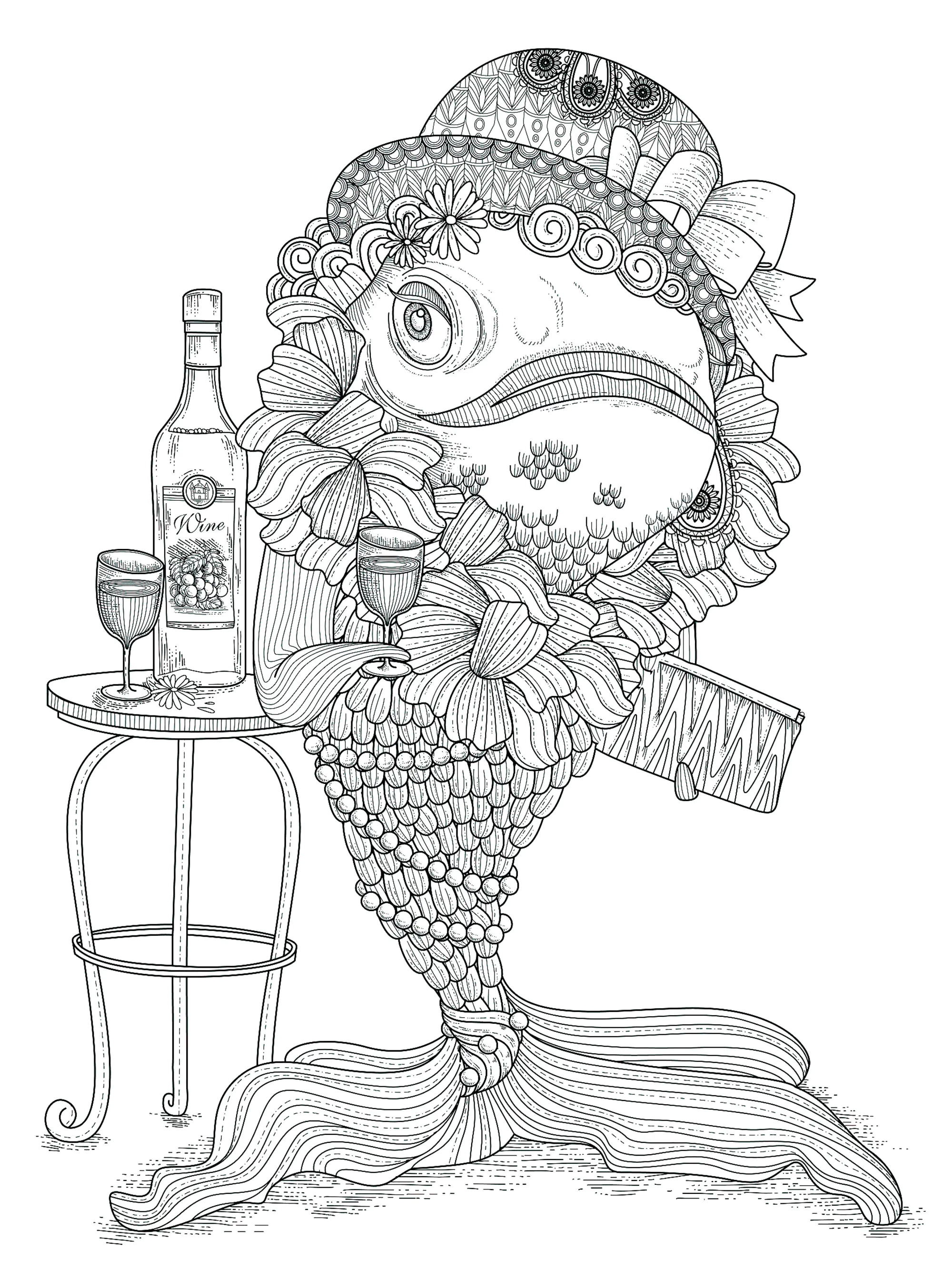 Poisson avec chapeau (Coloriage à imprimer pour adultes)