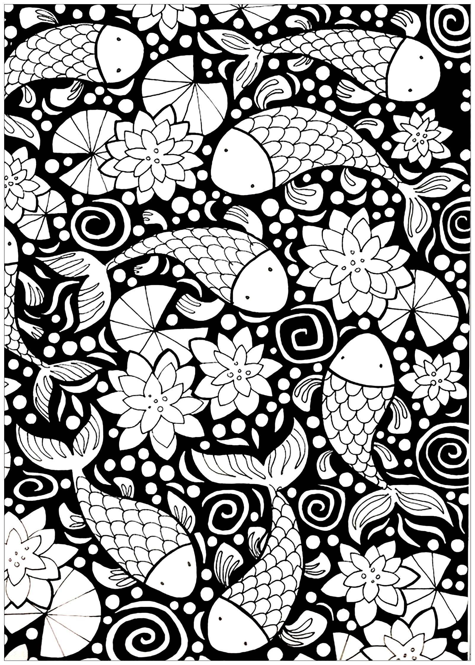 Download Poissons sur un fond noir - Poissons - Coloriages difficiles pour adultes