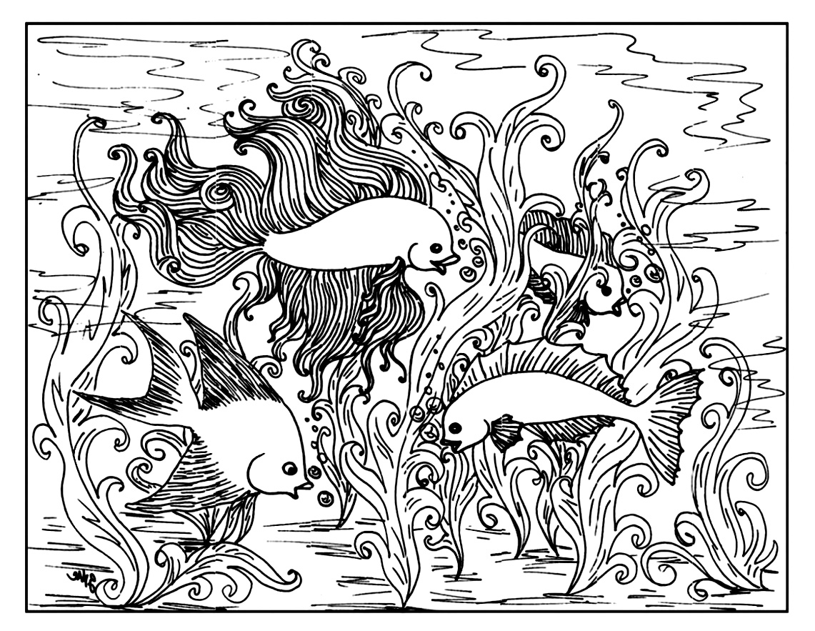 Coloriage adulte de poissons nageant dans un bel aquarium aux multiples plantes aquatiques. Une belle harmonie se dégage de ce dessin, idéal pour la relaxation en coloriant