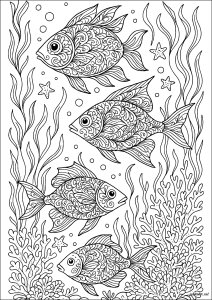 Ballet aquatique entre jolis coraux (Coloriage de Poissons)