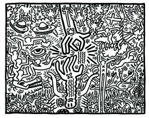 Coloriage complexe inspiré par l'univers de Keith Haring