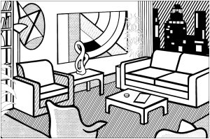 Coloriage roy lichtenstein interieur avec vue sur buildings