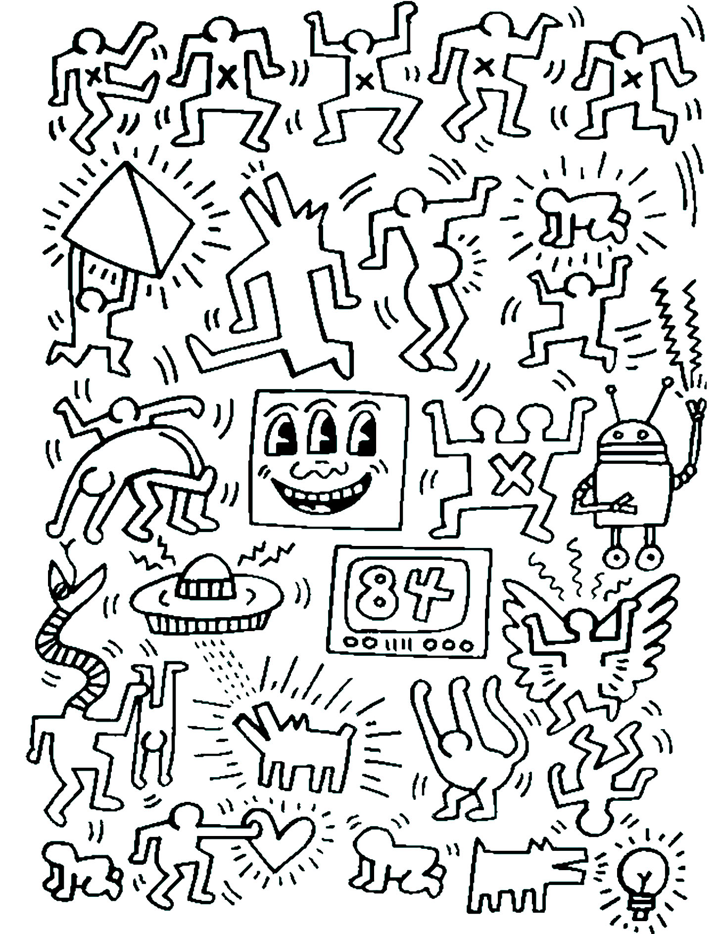 Coloriage créé à partir d'une oeuvre de Keith Haring. Complètement halluciné !