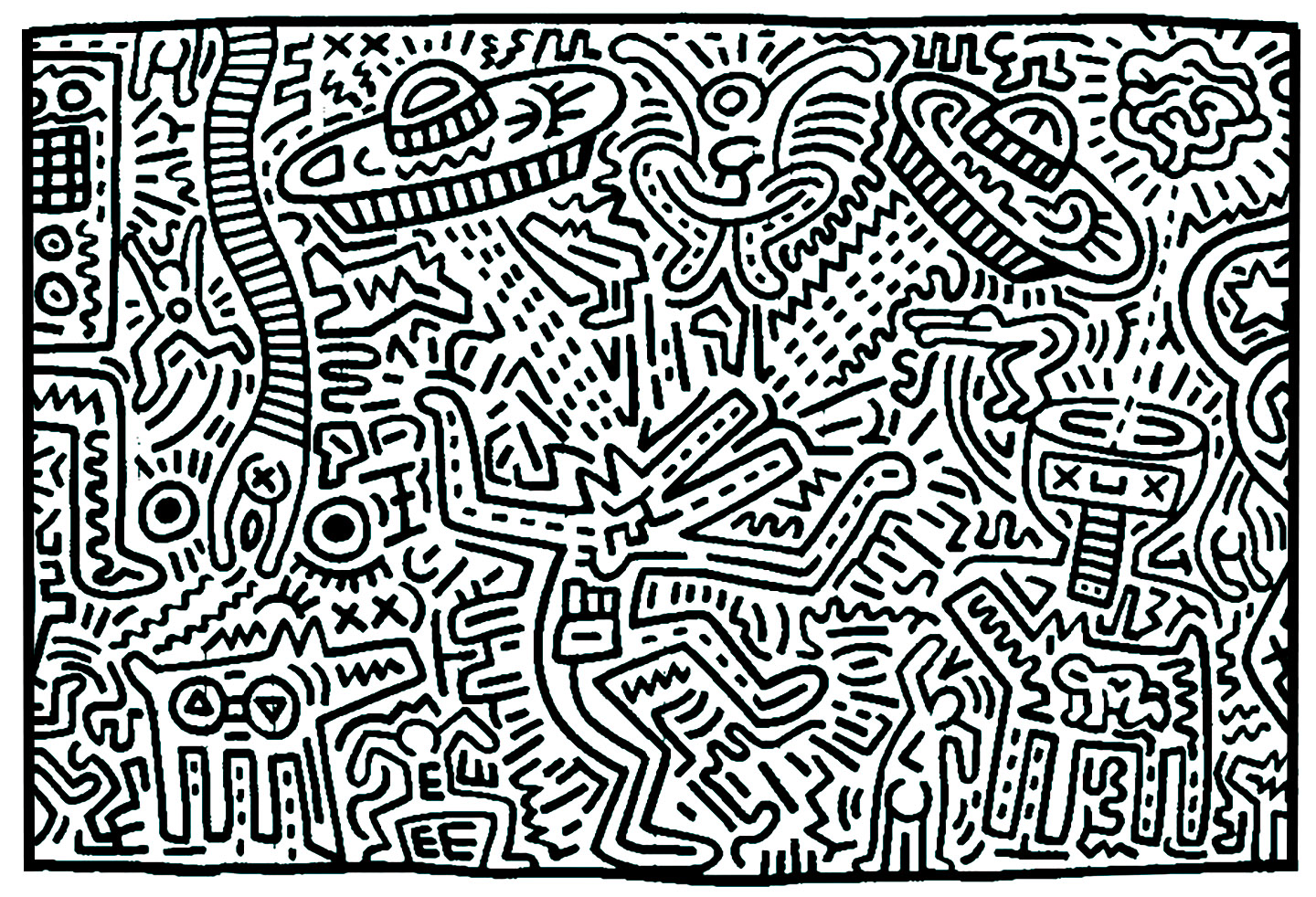 Coloriage créé à partir d'une oeuvre de Keith Haring. Trouvez vous la soucoupe volante ?