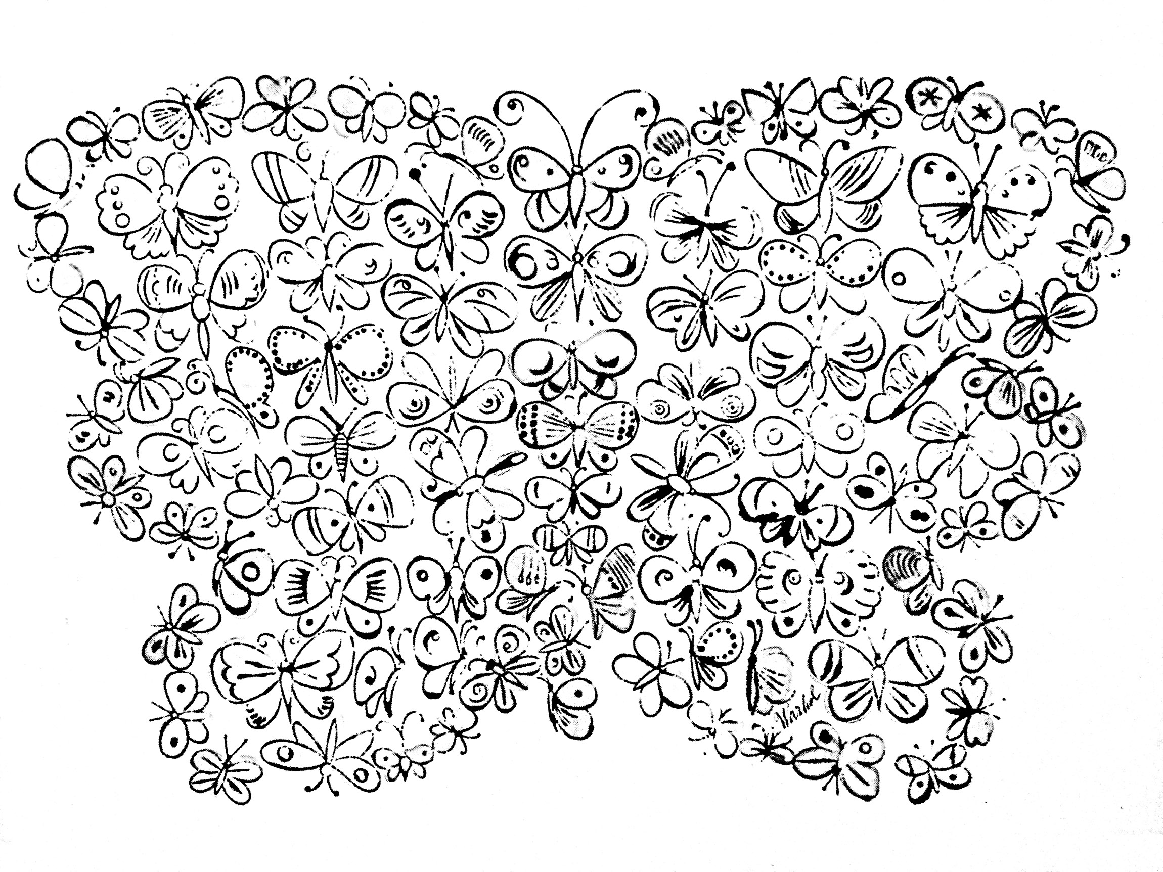 Coloriage créé à partir d'une oeuvre de Andy Warhol représentant des papillons
