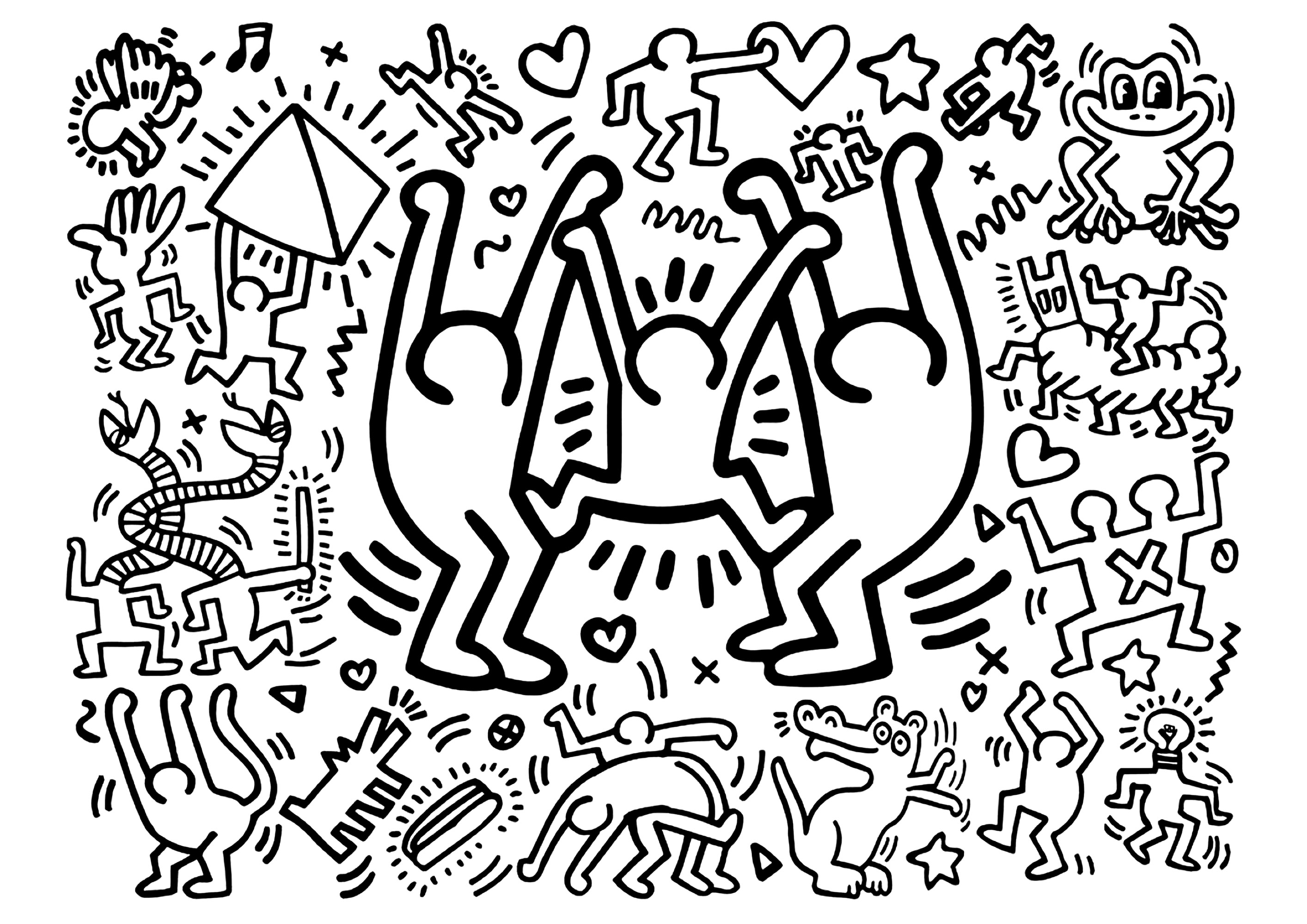 Keith Haring : Trois grands personnages joyeux et des plus petits. Un coloriage créé à partir d'une oeuvre de Keith Haring