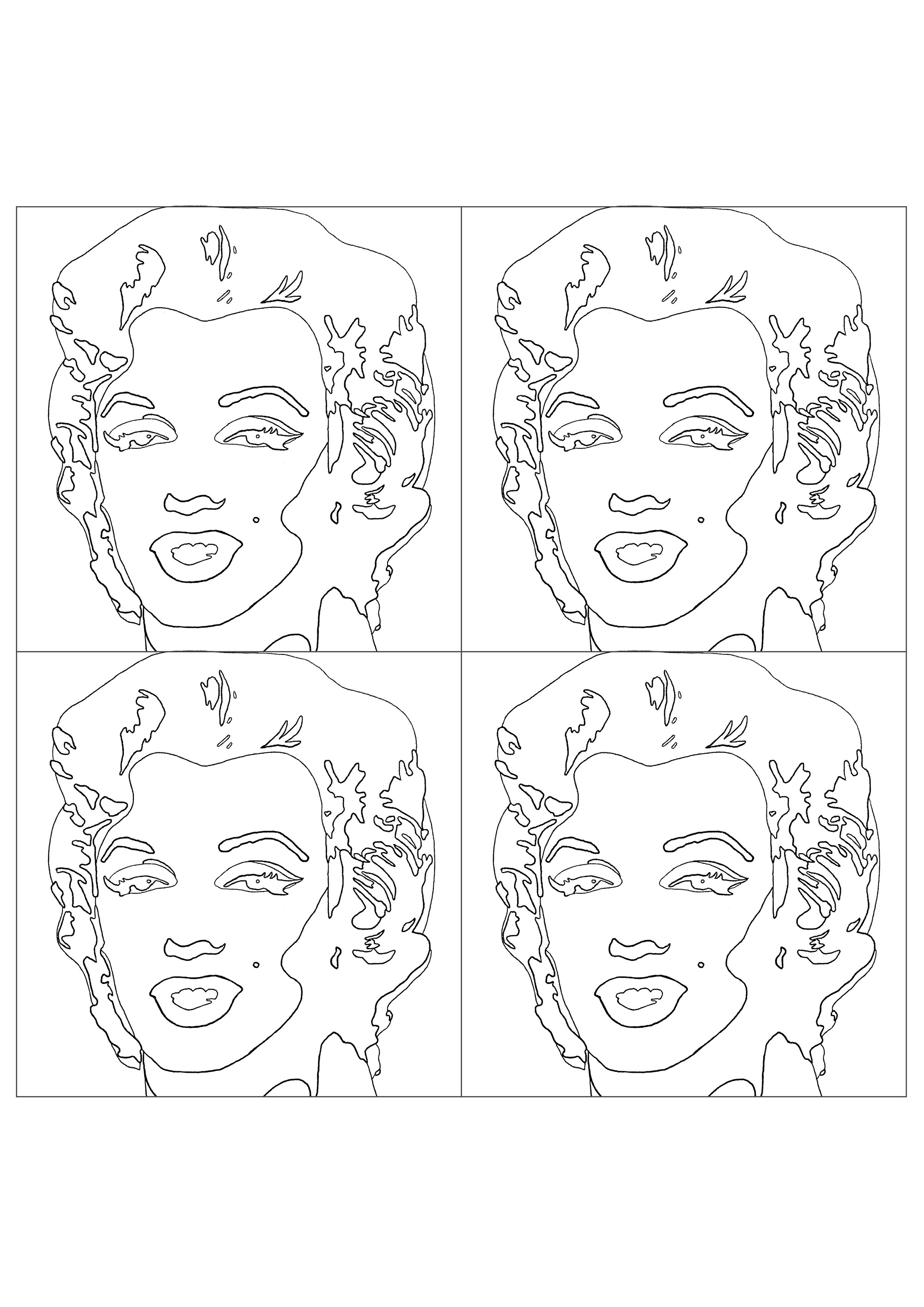 Coloriage créé à partir du tableau 'Shot Sage Blue Marilyn' d'Andy Warhol (version retravaillée avec quatre portraits). Cette célèbre toile du maître du Pop Art a été vendue pour la somme de 195 millions de dollars américains en 2002 par la maison d'enchères Christie's à New York. Elle est devenue à ce moment là l'oeuvre du XXe siècle vendue la plus chère, détrônant l'ancien record détenu par un tableau de Basquiat, qui était ami avec Andy Warhol.