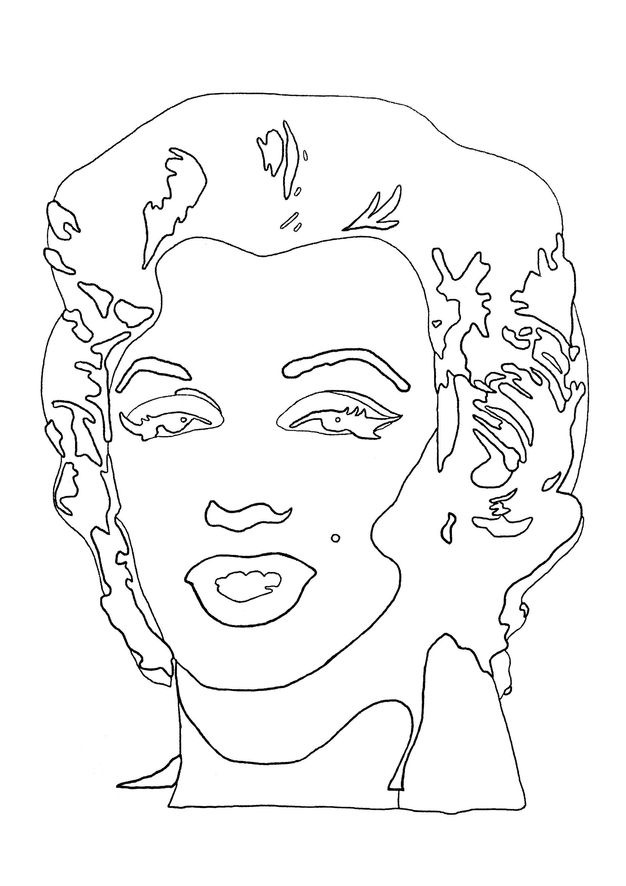 Coloriage créé à partir du tableau 'Shot Sage Blue Marilyn' d'Andy Warhol. Peint à l'encre sérigraphie et à l'acrylique, 'Shot Sage Blue Marylin' est l'un des cinq portraits d'un mètre sur un mètre peint avec des couleurs vives et contrastées, que le maître du Pop Art avait réalisé en 1964 à partir d'une photo pour la promotion du film Niagara en 1953. Visage rose, cheveux blonds et rouge à lèvres prononcé, l'actrice laisse apparaître un sourire énigmatique, sur un fond bleu turquoise.