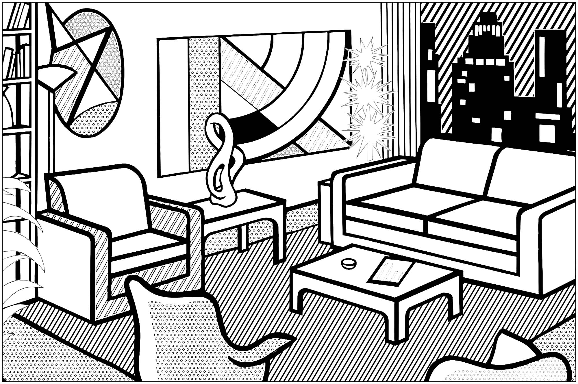 Roy lichtenstein interieur avec vue sur buildings (Coloriage de Pop art) Roy lichtenstein interieur avec vue sur buildings (Coloriage de Pop art à imprimer pour adultes)