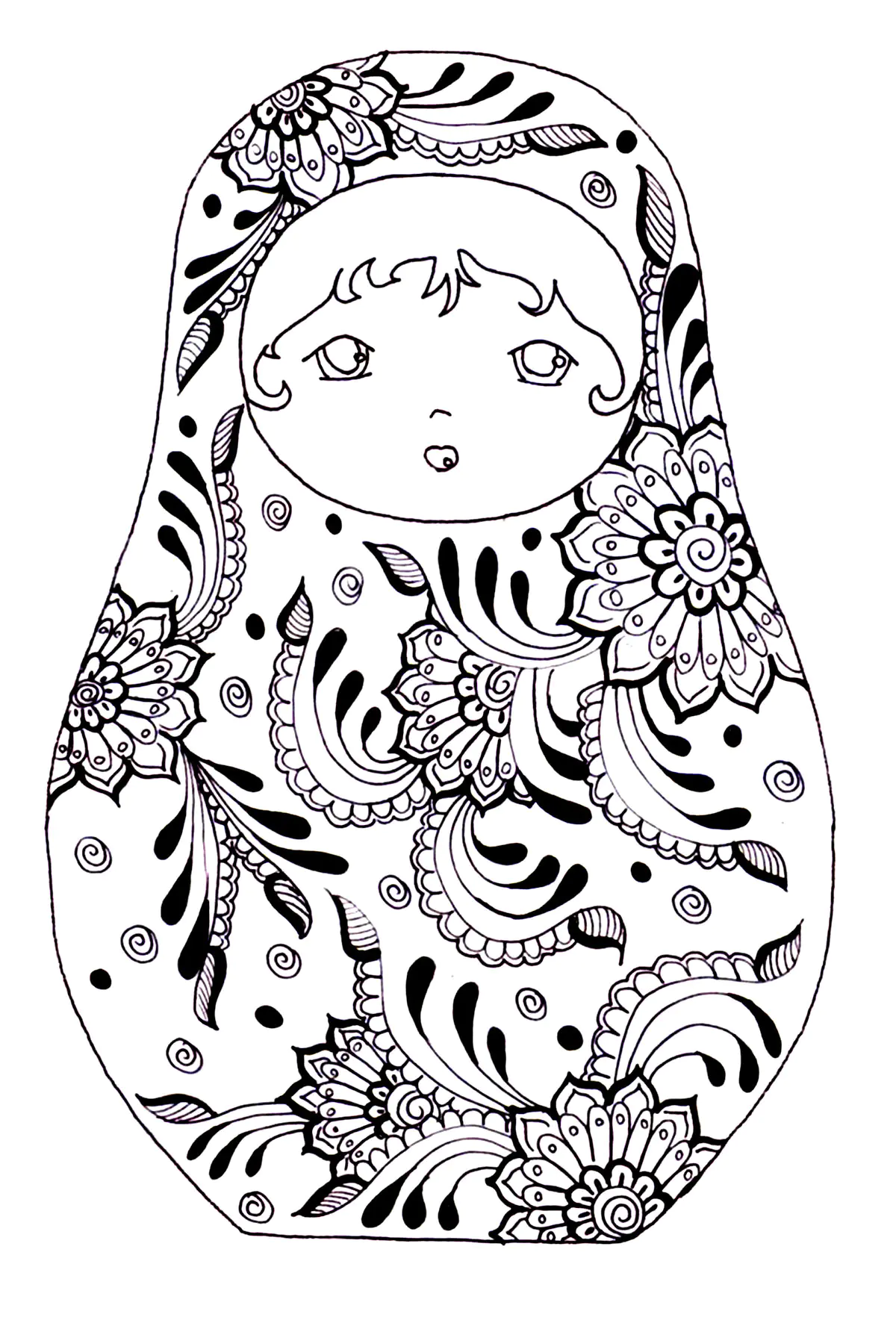 Poupée Russe et fleurs (Coloriage de Poupées russes à imprimer pour adultes)