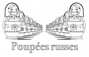 Coloriage de Poupées russes à imprimer pour adultes : Poupees-russes-perspective-double-avec-texte