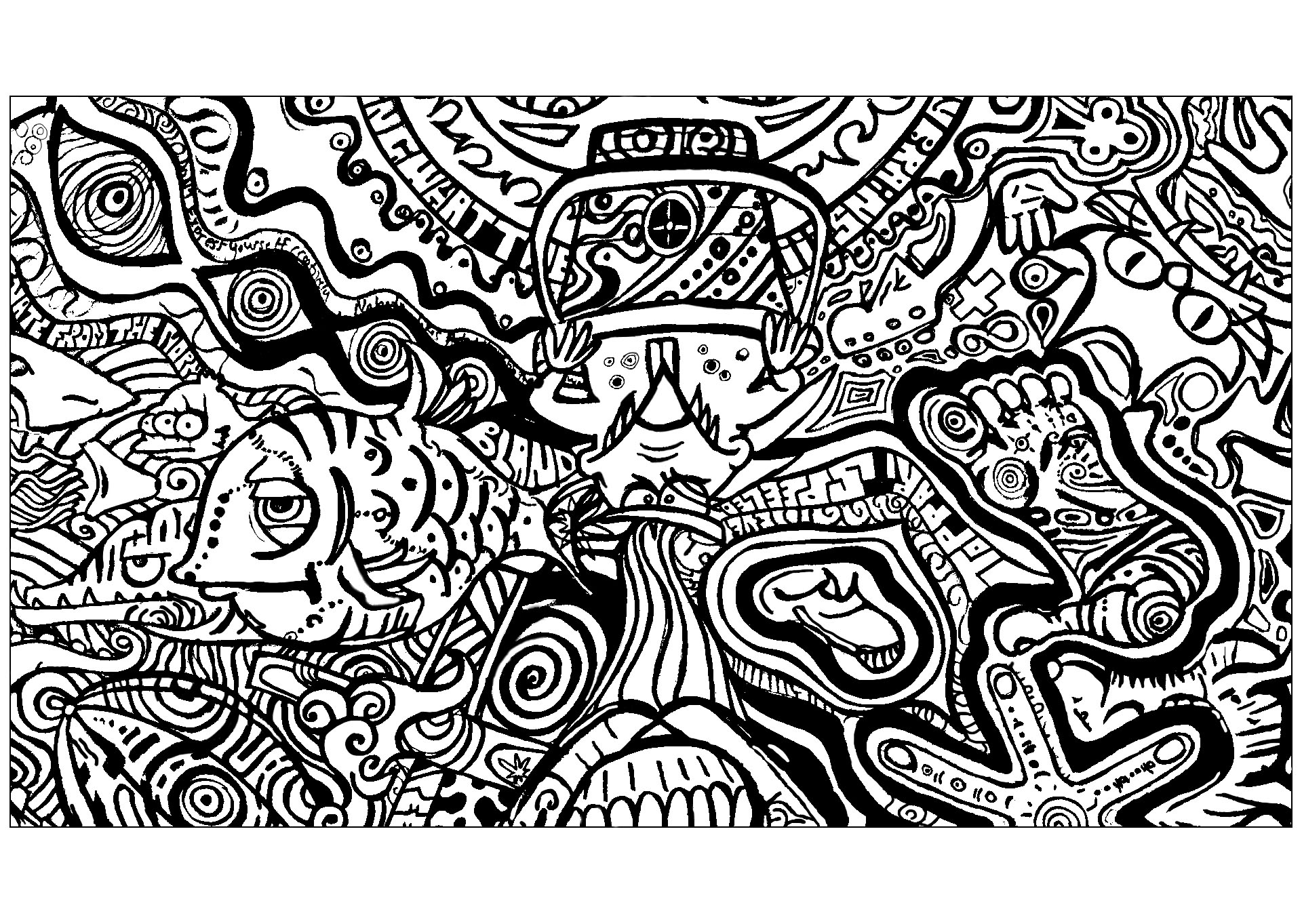 coloriage adulte poisson et pied psychedeliques