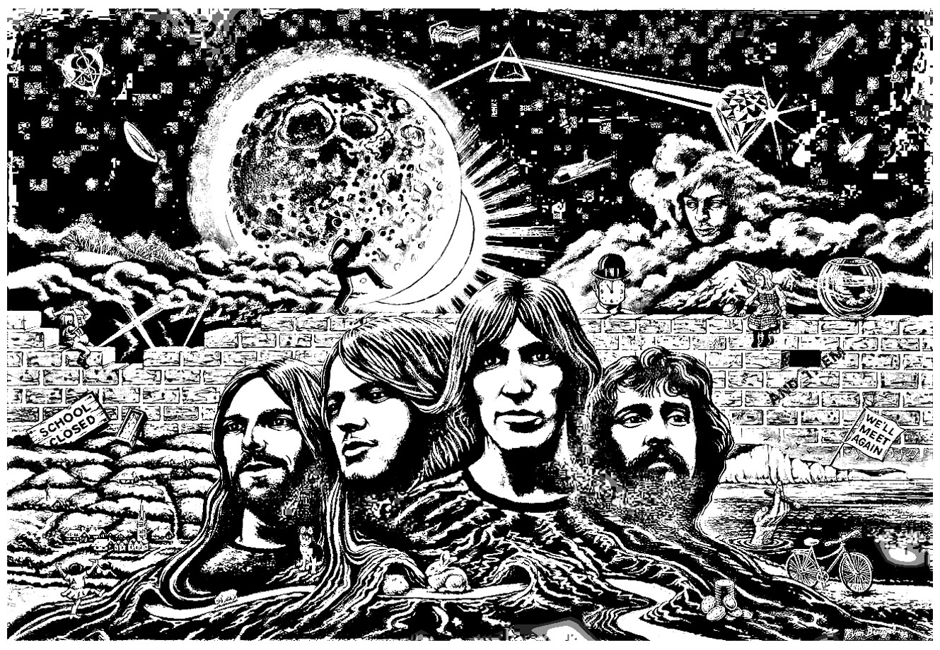 Magnifique représentation des Pink Floyd avec leur univers Psychédélique (et références à leurs albums)