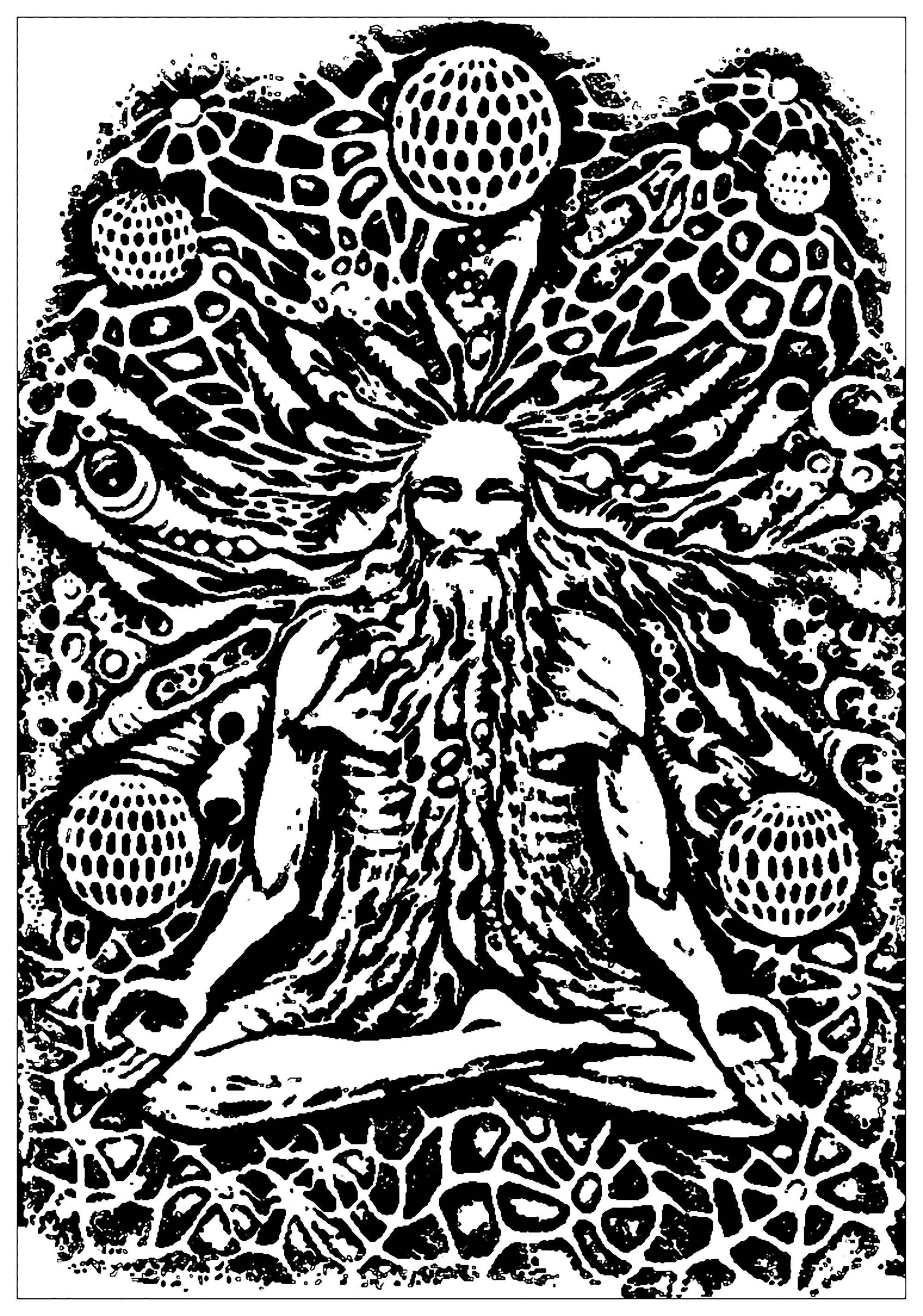 Vieux moine en pleine méditation, avec arrière plan psychédélique