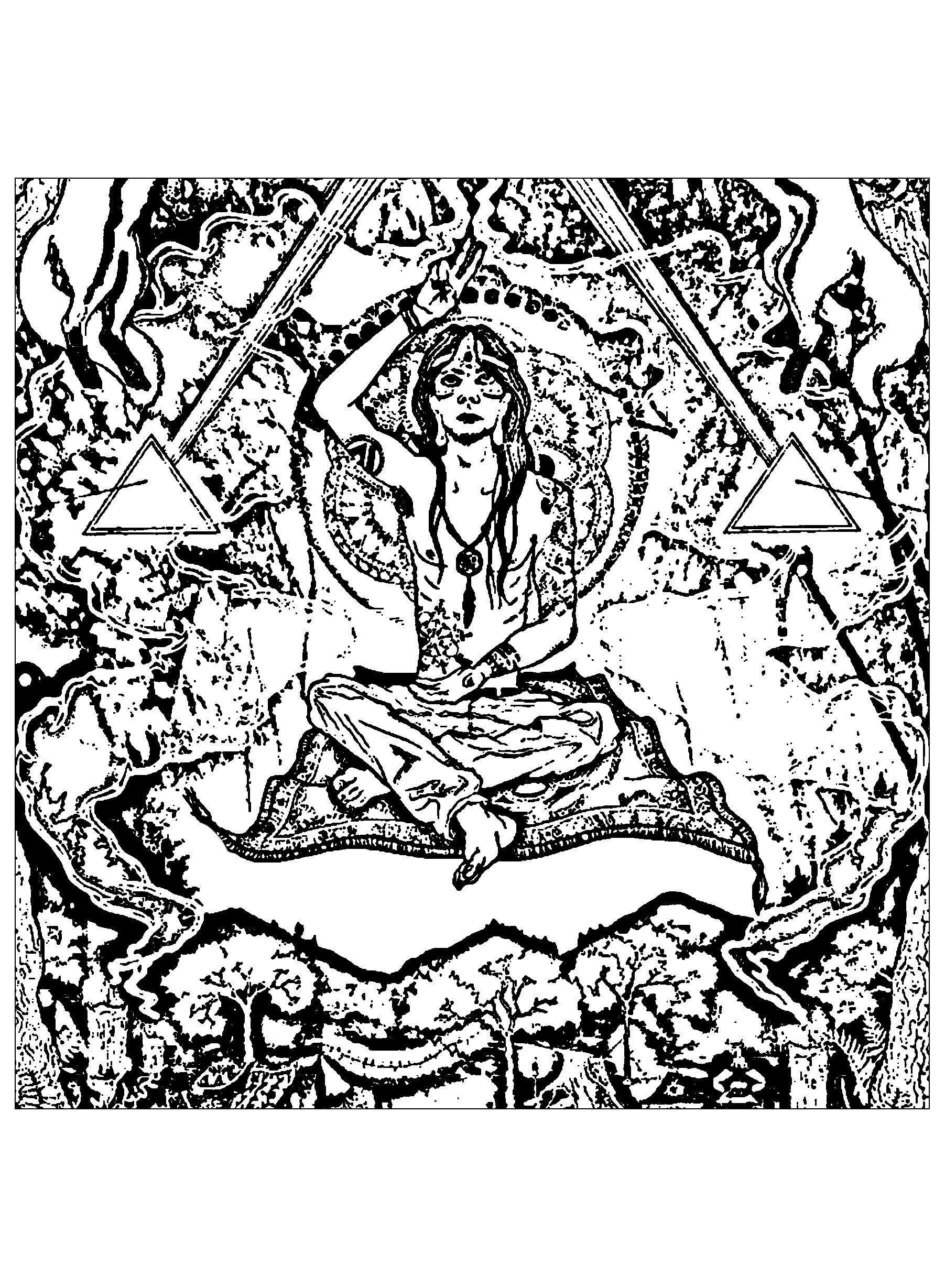 Femme méditant sur un tapis, avec en fond des symboles Illuminati (comme des pyramides)