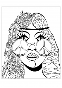 Coloriage de à imprimer pour adultes : Fille-psychedelique-et papillon