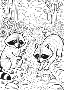Ratons Laveurs au Bord du Ruisseau (Coloriage)