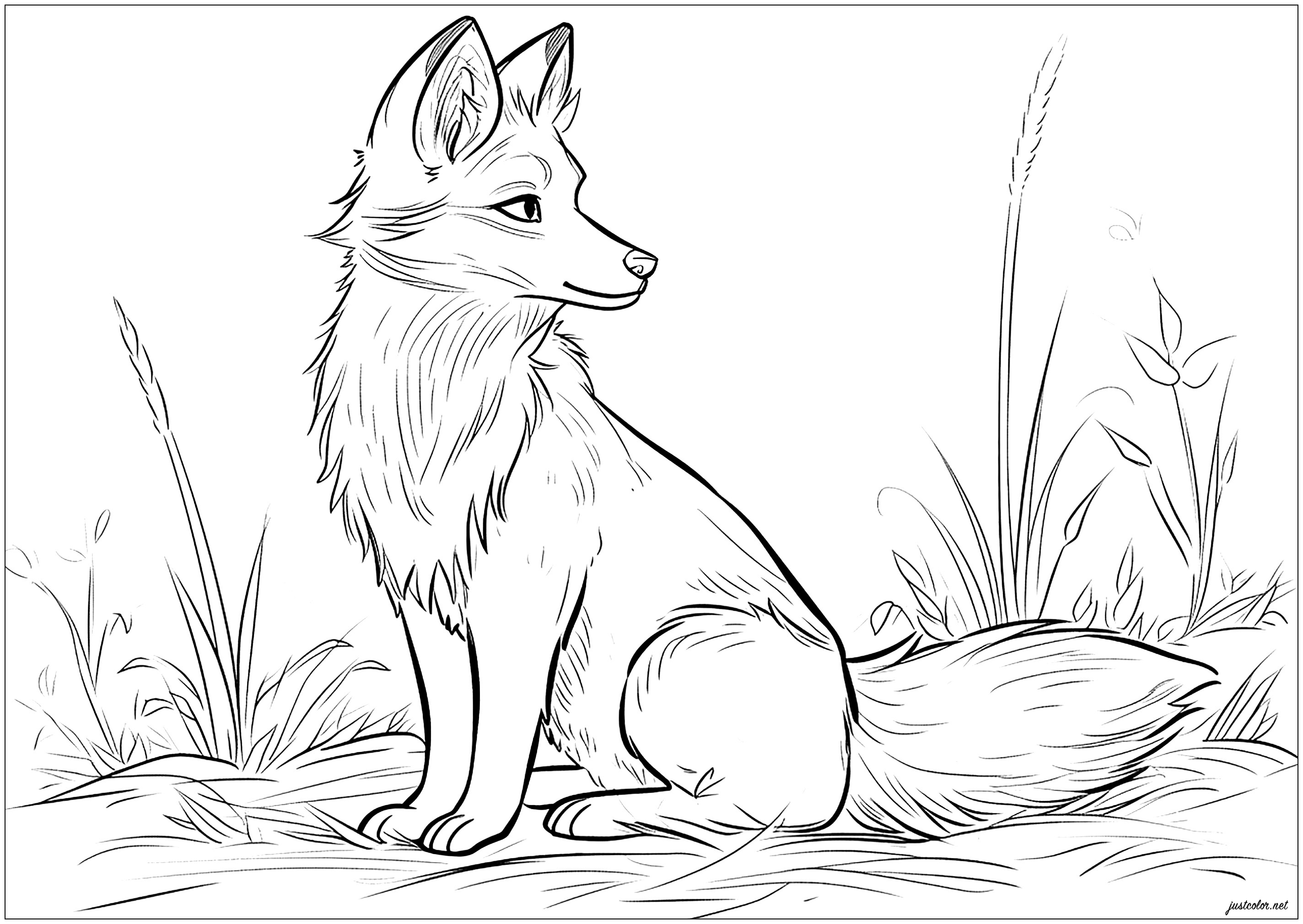 Joli renard au milieu d'une simple végétation - Coloriages de Renards à  imprimer, image size:2848x2020