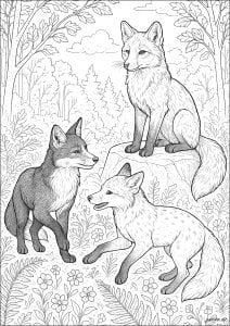 Renards en forêt (Coloriage)