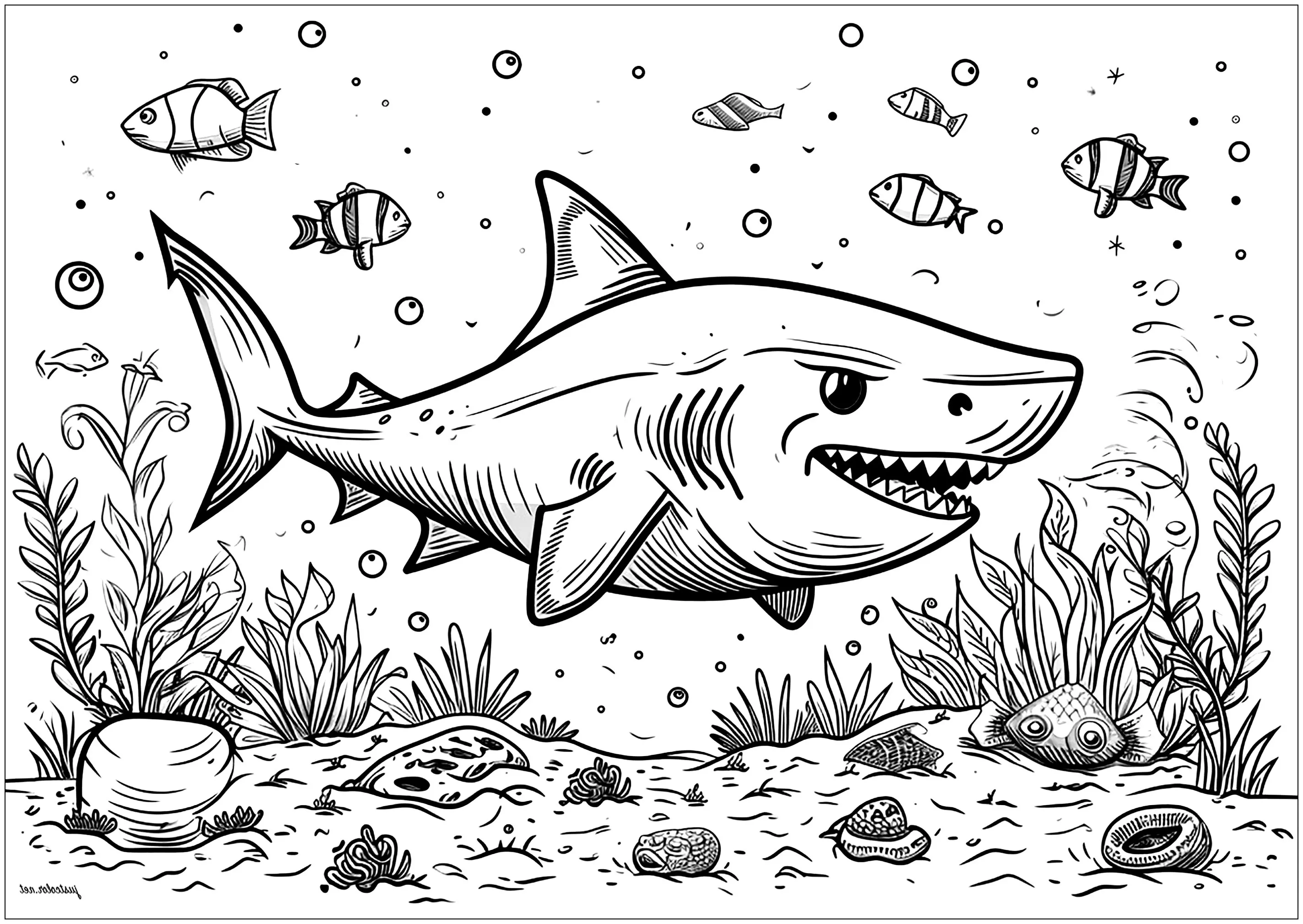 Requin aux dents acérées entouré de poissons (Coloriage à imprimer pour adultes)