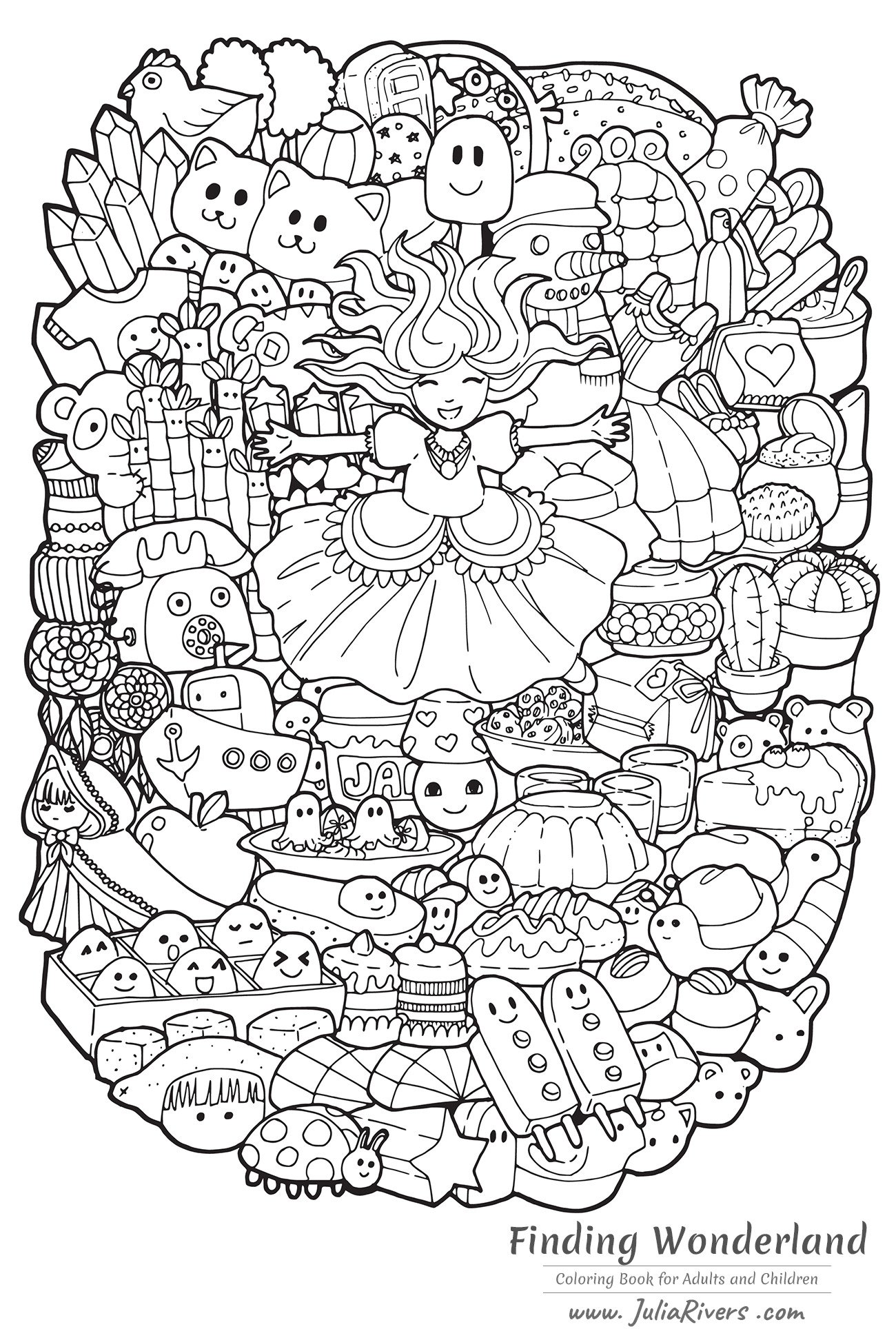 'A la recherche du pays des merveilles' : Coloriage enfantin représentant une Princesse joyeuse entourée de créatures 'Doodle' dessinées avec le style Kawaii, Artiste : Julia Rivers