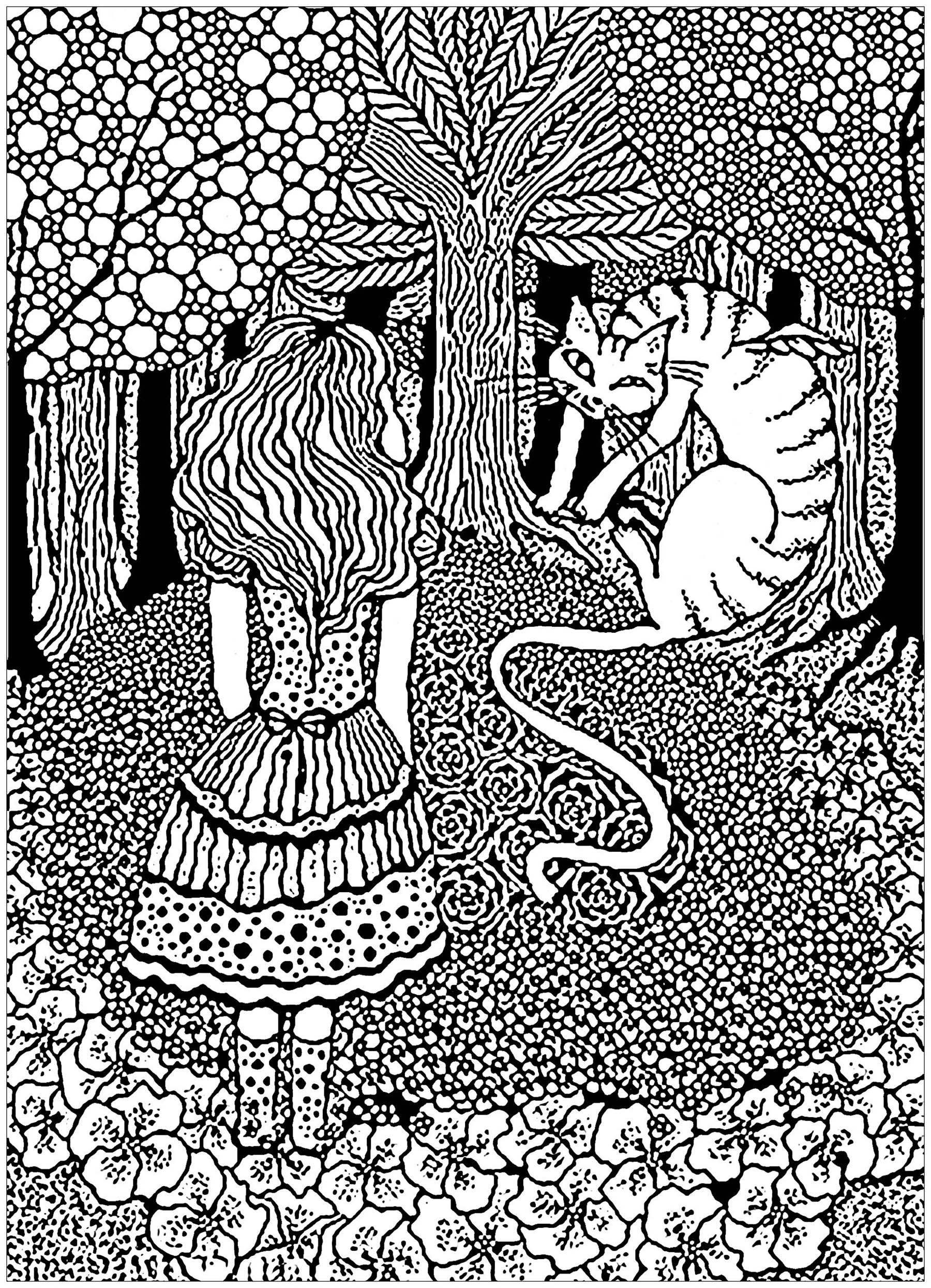 Un coloriage très complexe inspiré par Alice aux Pays des merveilles, avec le Chat Cheshire