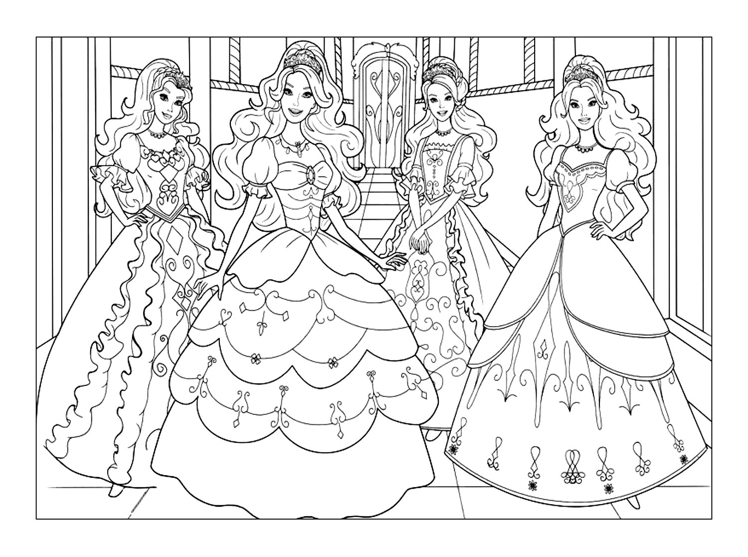 Jolies princesses Barbie. Quatre princesses Barbie vêtues de robes magnifiques. Un coloriage complexe qui vous fera revenir en enfance assurément