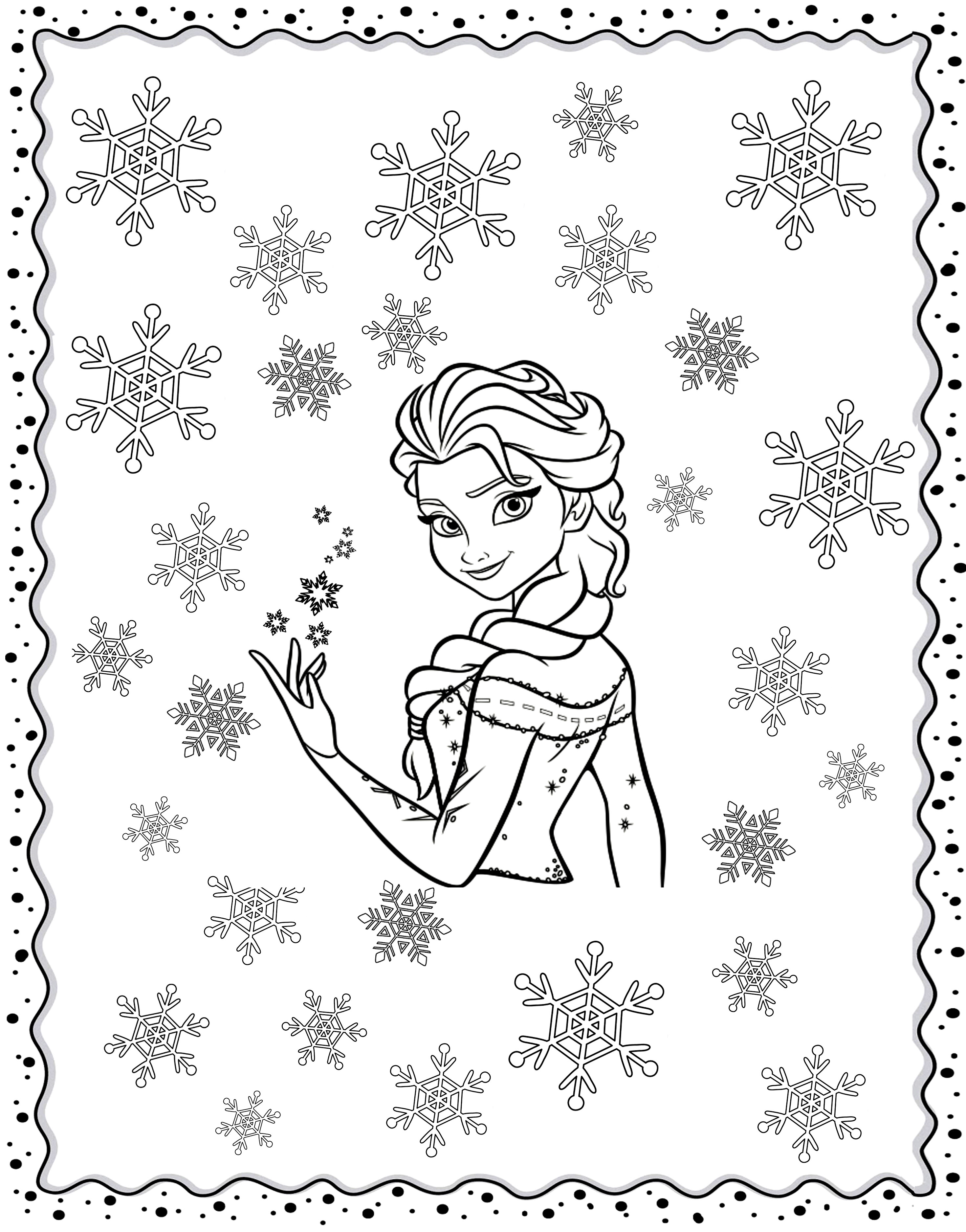 Coloriage inspiré de la Reine des neiges avec nombreux flocons et cadre enneigé