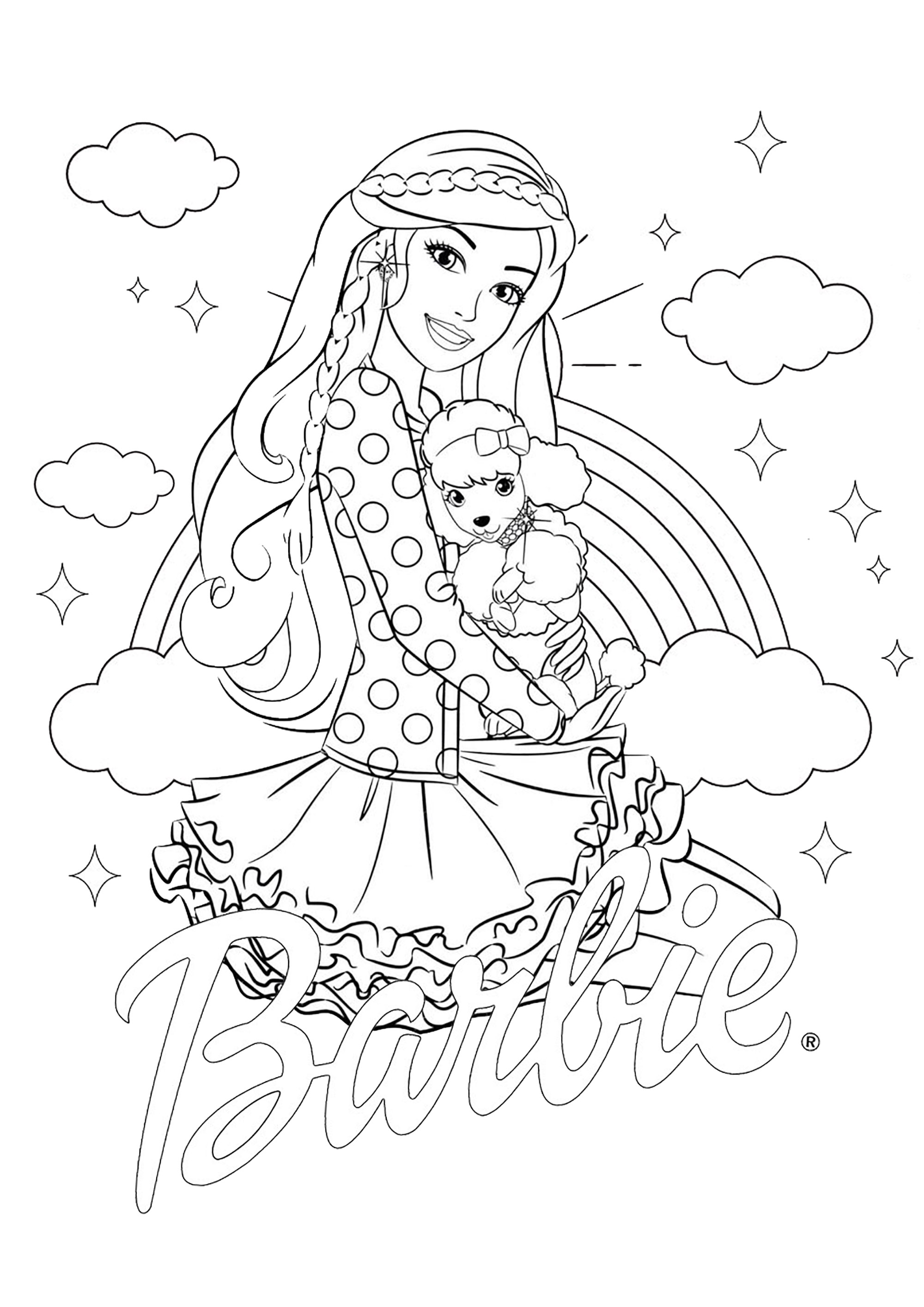 Barbie et son chien. Jolie coloriage de la belle Barbie et de son petit chien, avec le logo Barbie et un fond composé d'un bel arc-en-ciel et de jolis nuages, pour ajouter un peu de complexité.