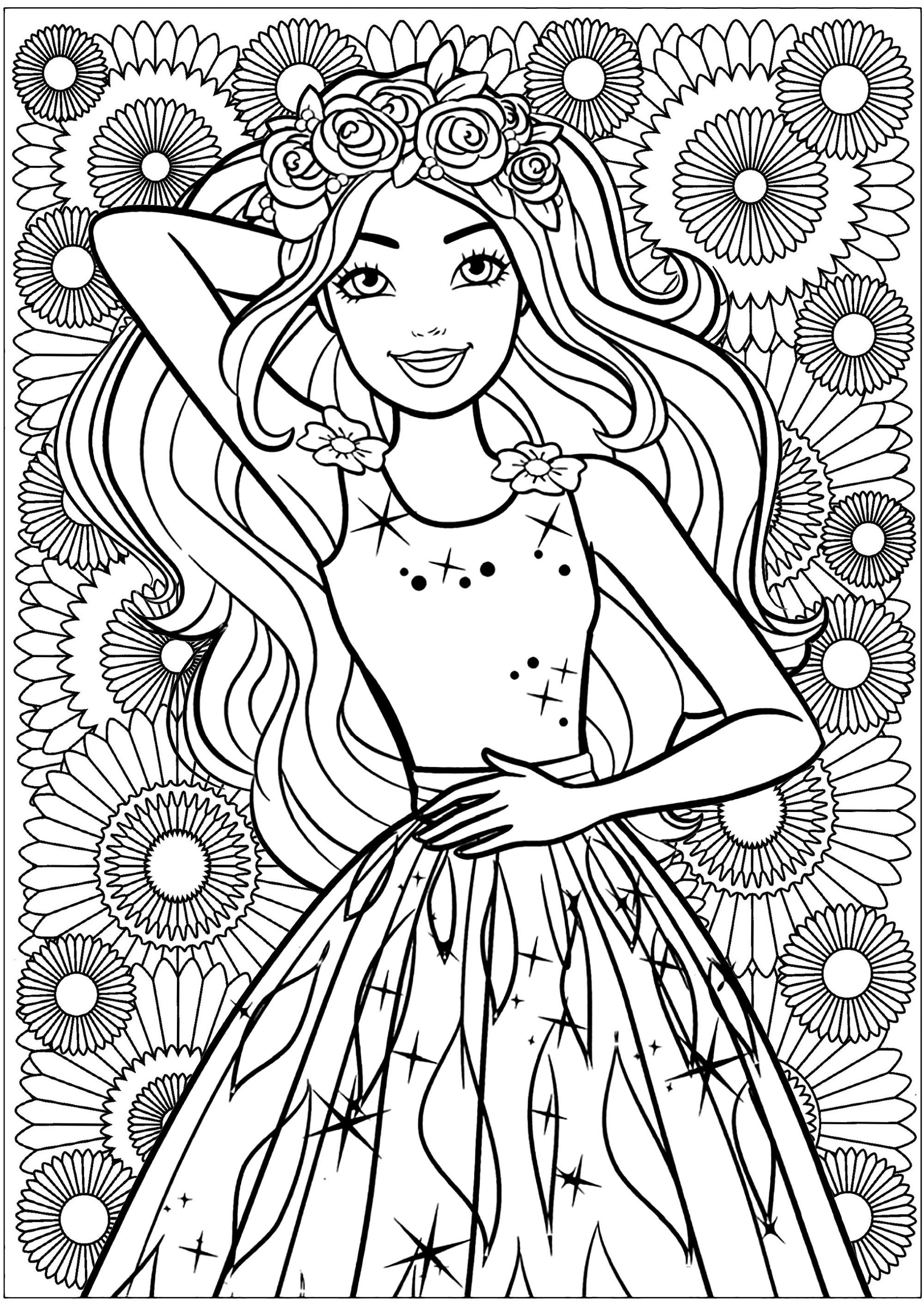 Jolie Barbie avec un fond fleuri. Coloriage magnifique avec un personnage féminin inspiré de Barbie en premier plan, et un arrière-plan composé de belles fleurs géométriques