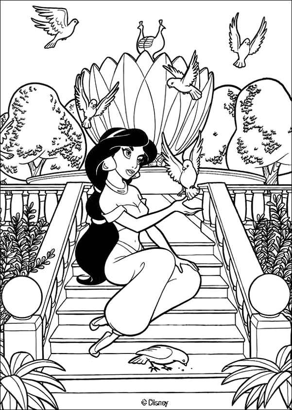 Coloriage représentant Jasmine, personnage du Grand Classique Disney Aladdin