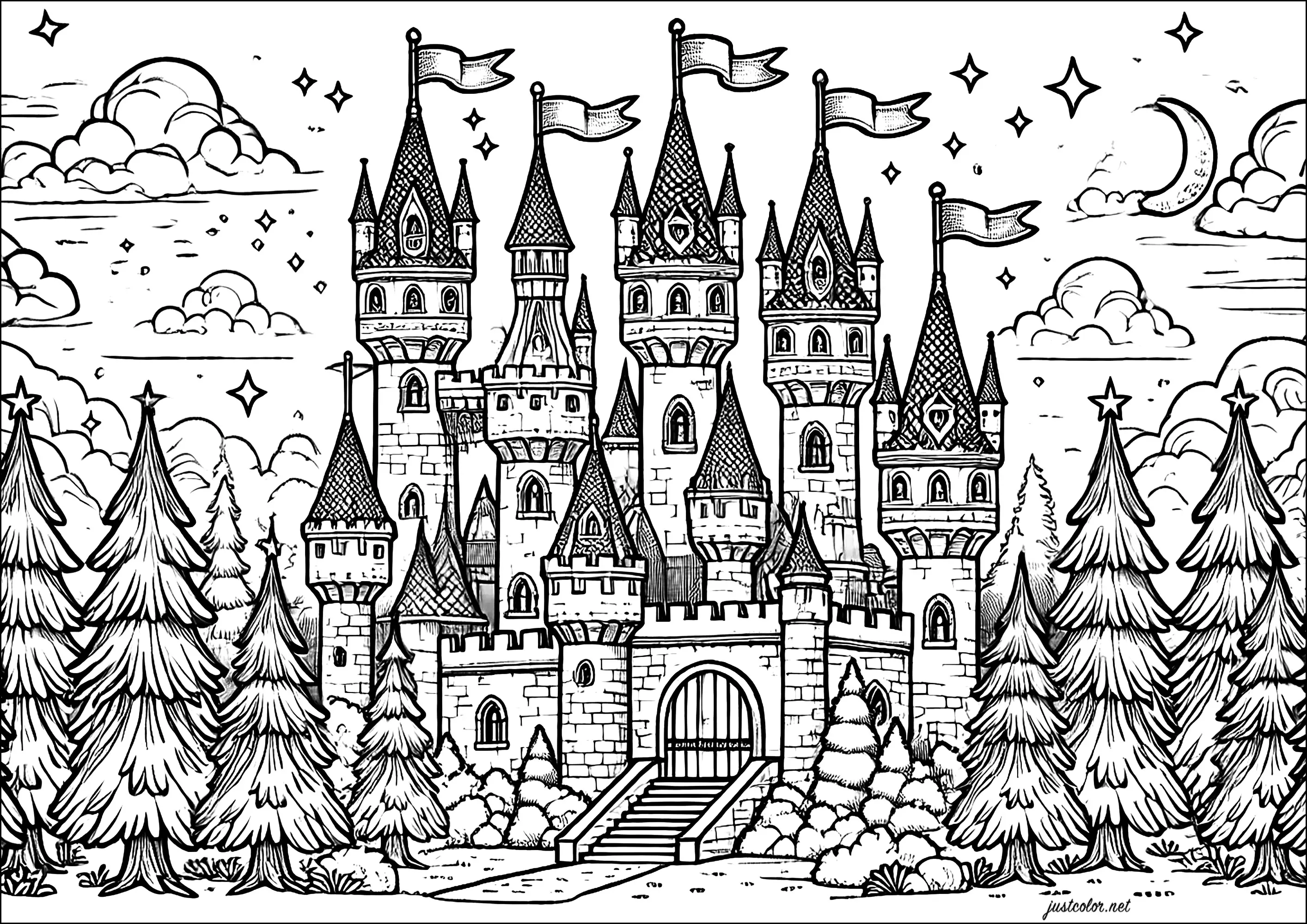 Sublime chateau de conte de fées (Coloriage Retour en enfance à imprimer pour adultes)
