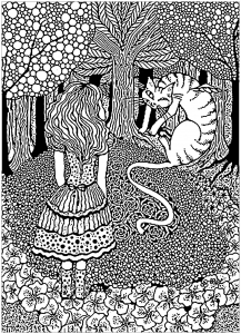 Coloriage adulte alice et chat cheshire dans arbre