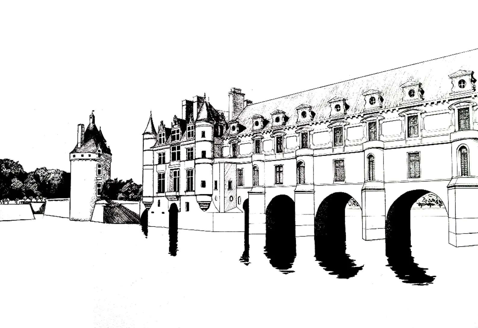 Chateau chenonceau (Coloriage de Rois et Reines à imprimer pour adultes)