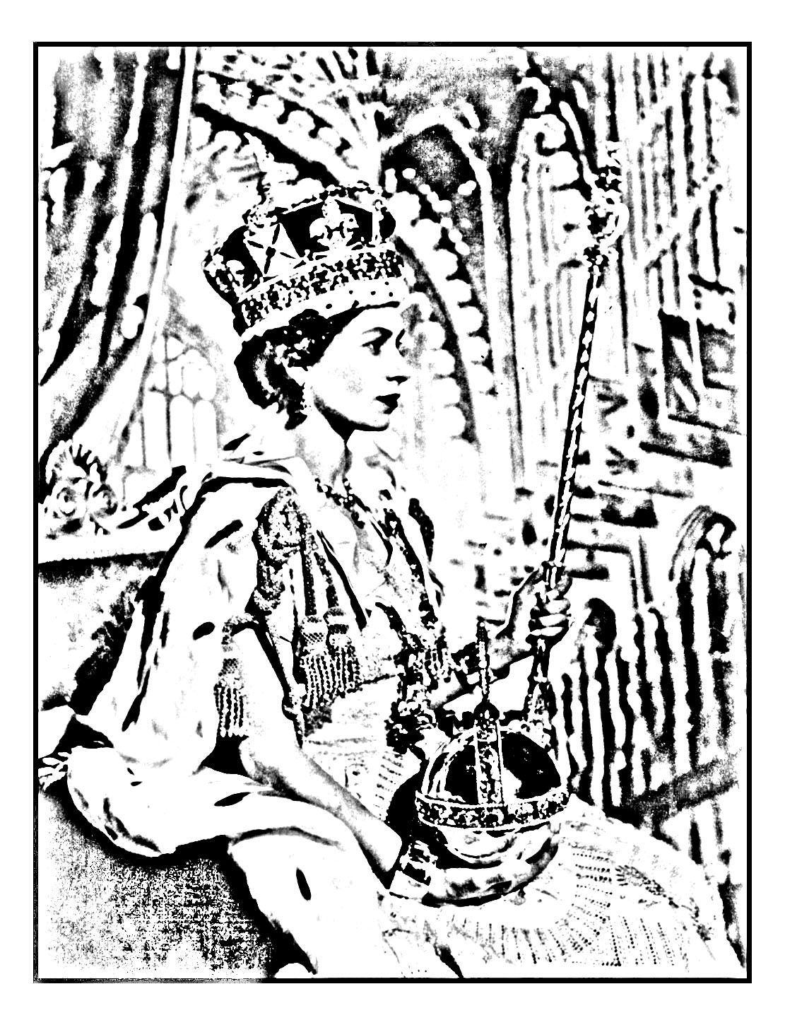 Coloriage créé à partir d'une photographie officielle prise lors du couronnement de la Reine Elisabeth II en 1953 (vue de profil)