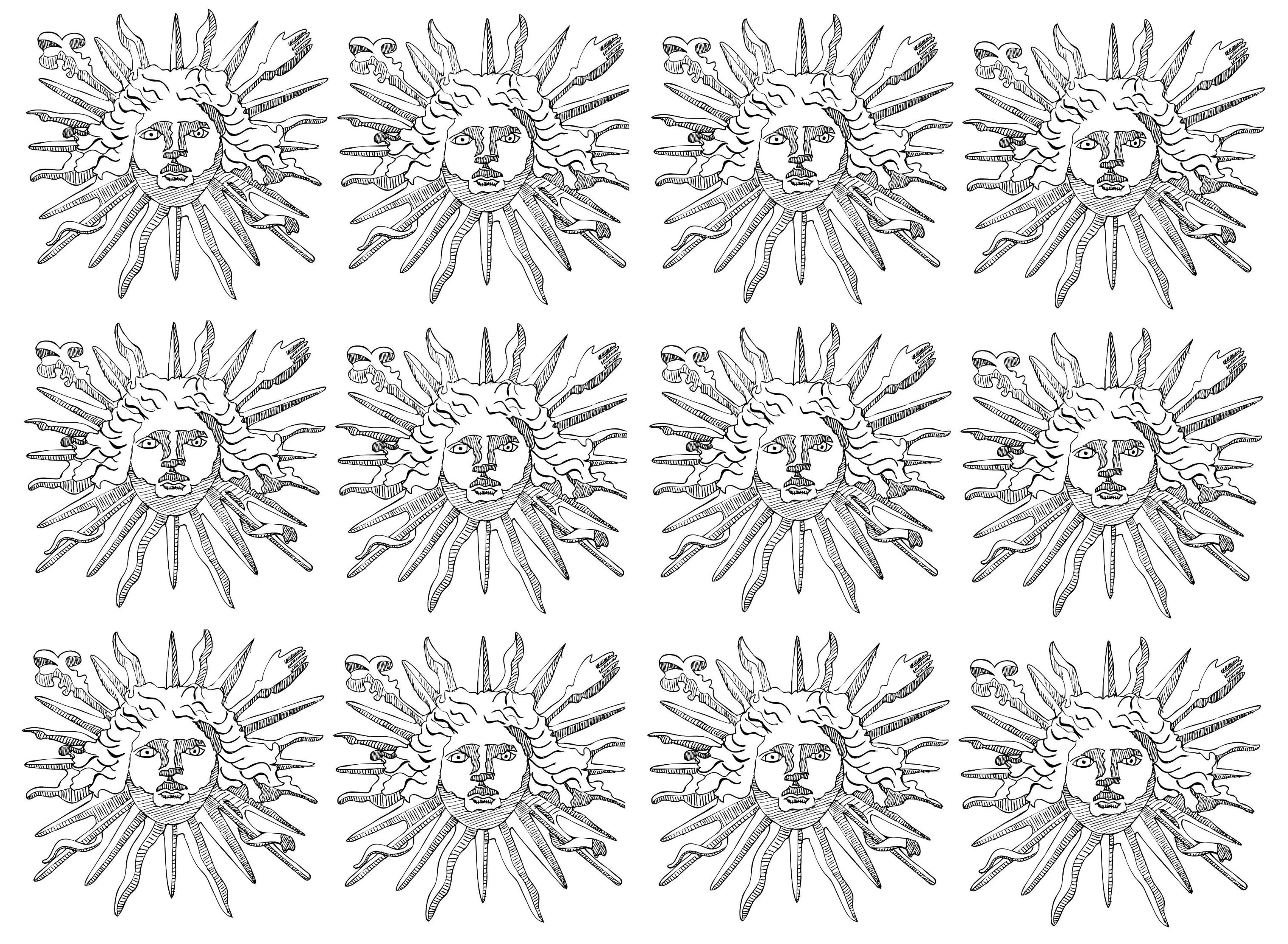 L'emblème de Louis XIV, le Roi Soleil (12 motifs répétés)