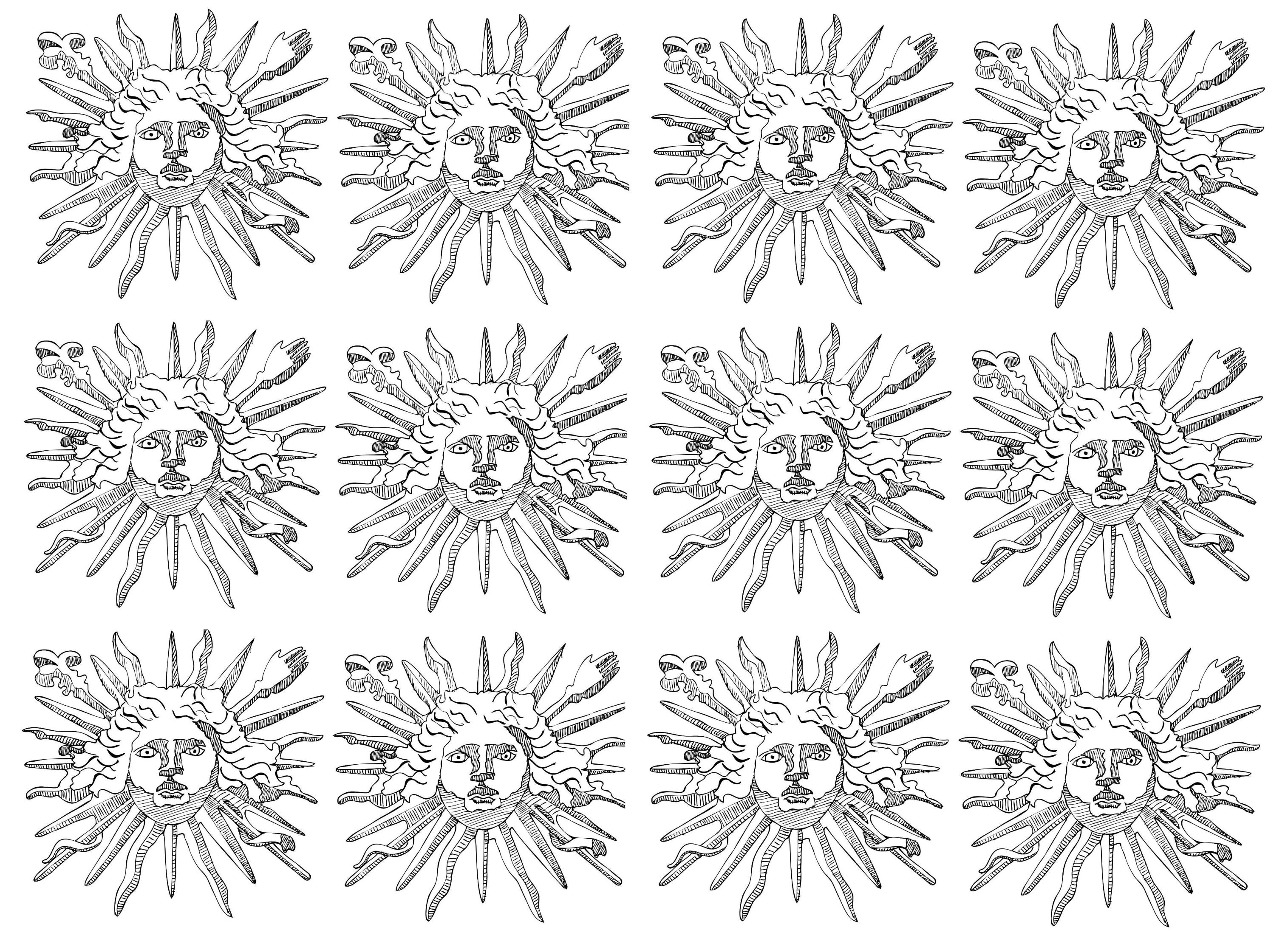 L'emblème de Louis XIV, le Roi Soleil (12 motifs répétés)